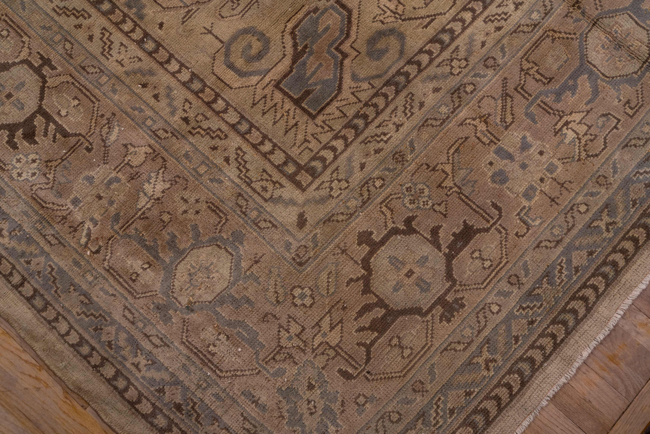 14' x 17' one-of-a-kind handmade vintage Oushak oversize rug. Color palette: brown, gray, off-white, orange, pink