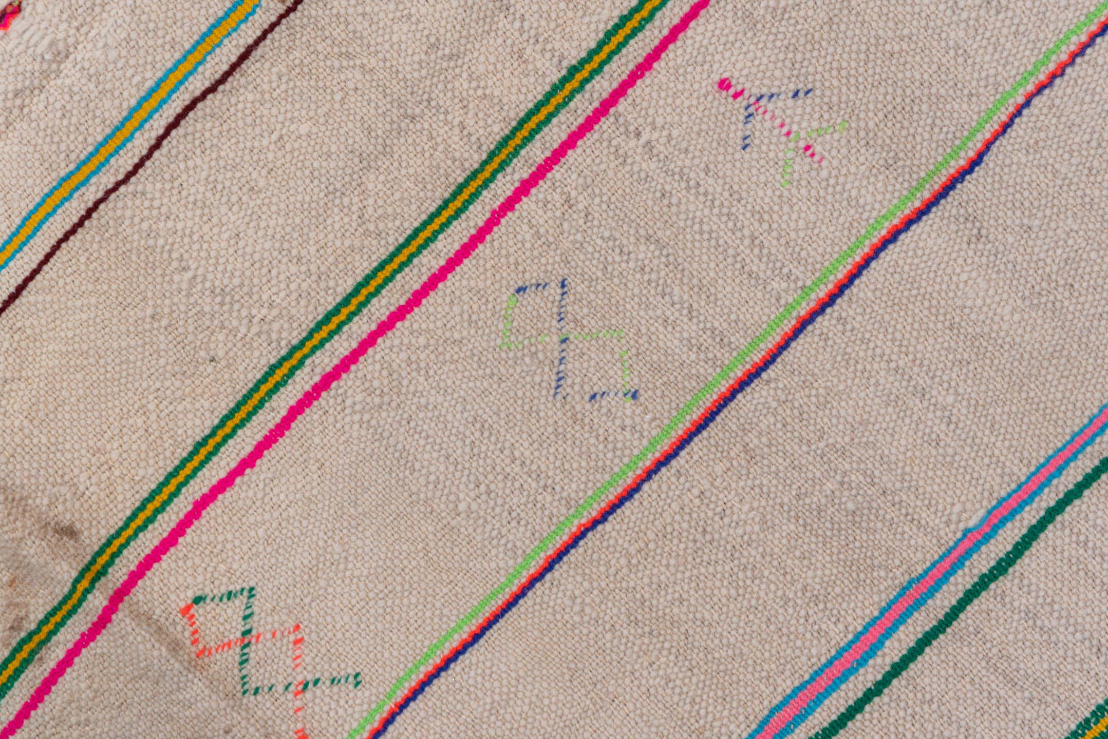 4' x 10' one-of-a-kind handmade vintage Textile runner rug. Color palette: ivory, pink, orange, gold, green, blue, taupe
