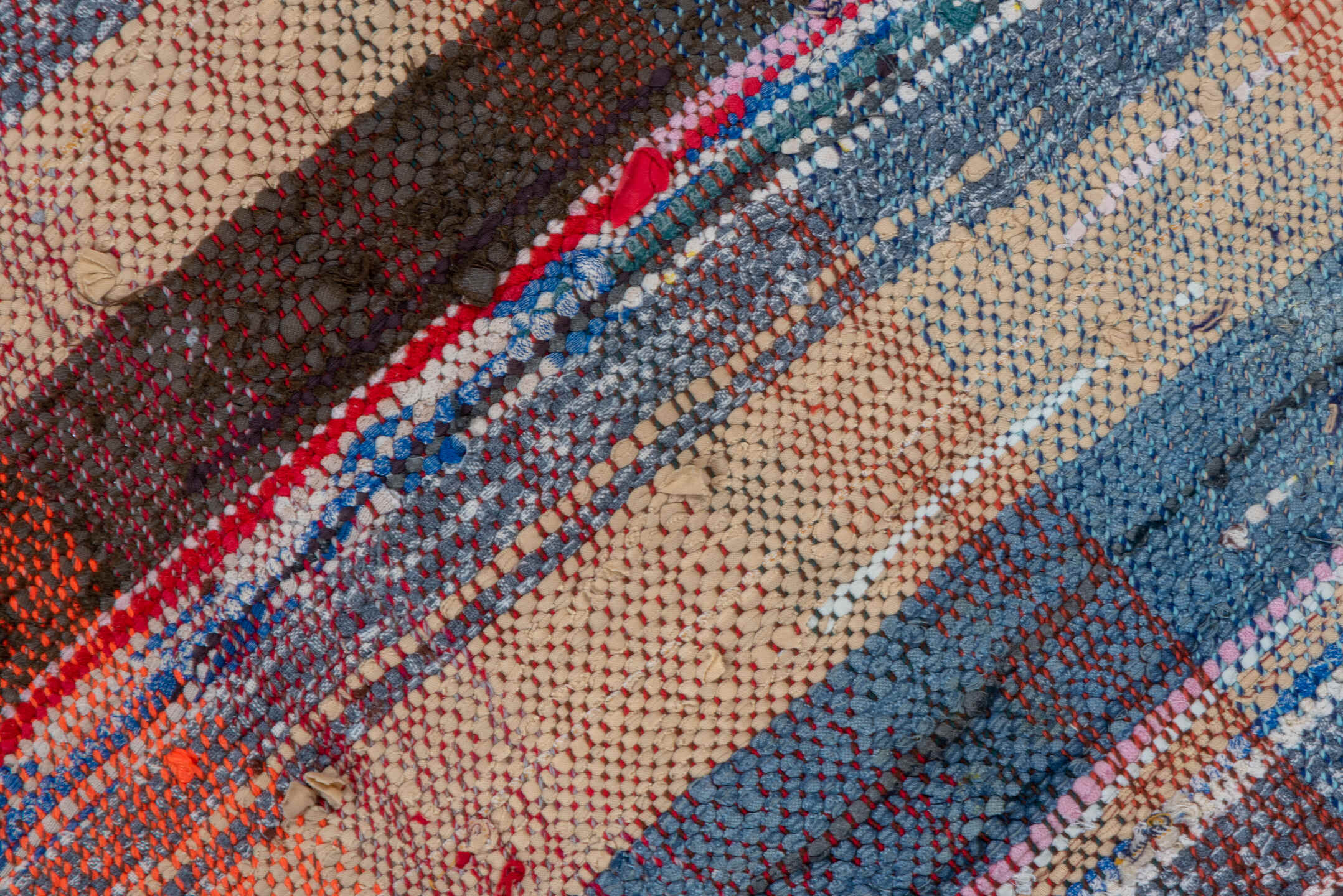 5' x 6' one-of-a-kind handmade vintage Textile rug. Color palette: ivory, indigo, charcoal, rose, coral, slate, yellow