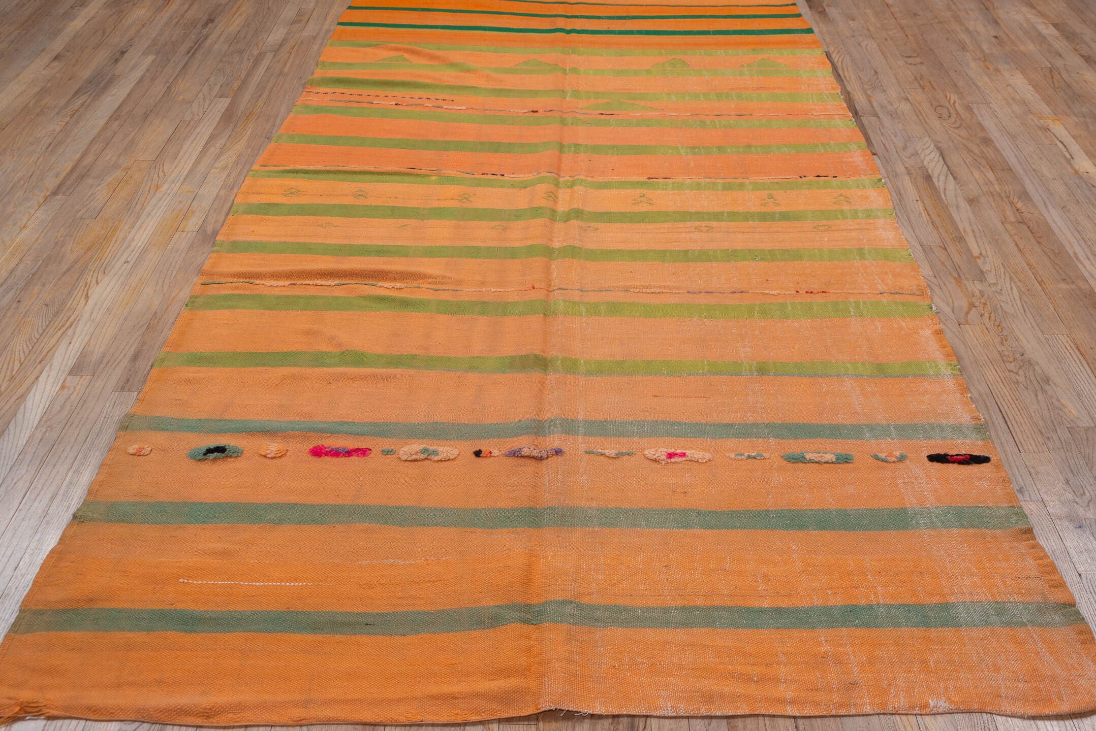 5' x 10' one-of-a-kind handmade vintage Blanket medium size rug. Color palette: peach, olive, green, brown, coral, ivory