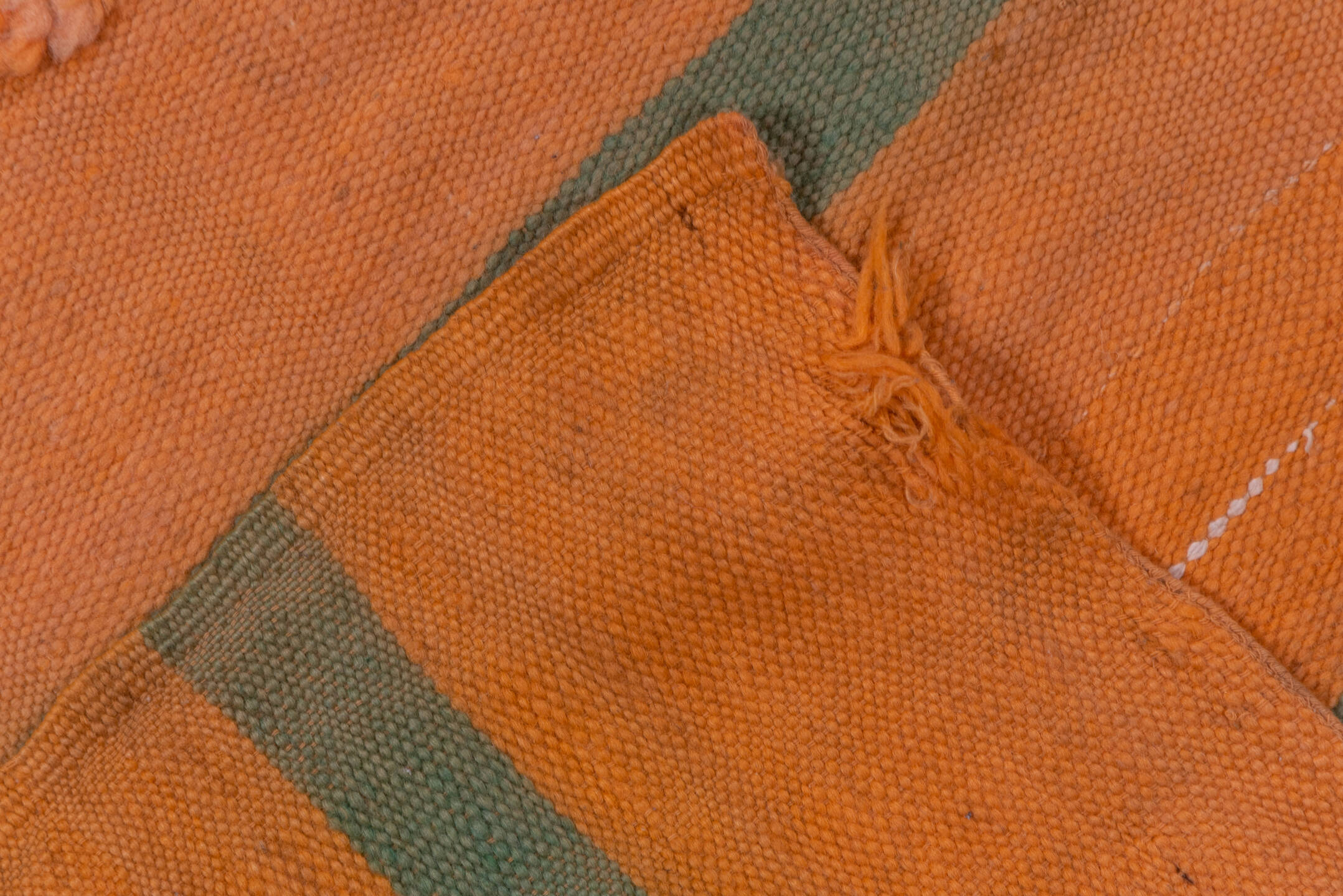 5' x 10' one-of-a-kind handmade vintage Blanket medium size rug. Color palette: brown, gray, light gray, off-white, orange