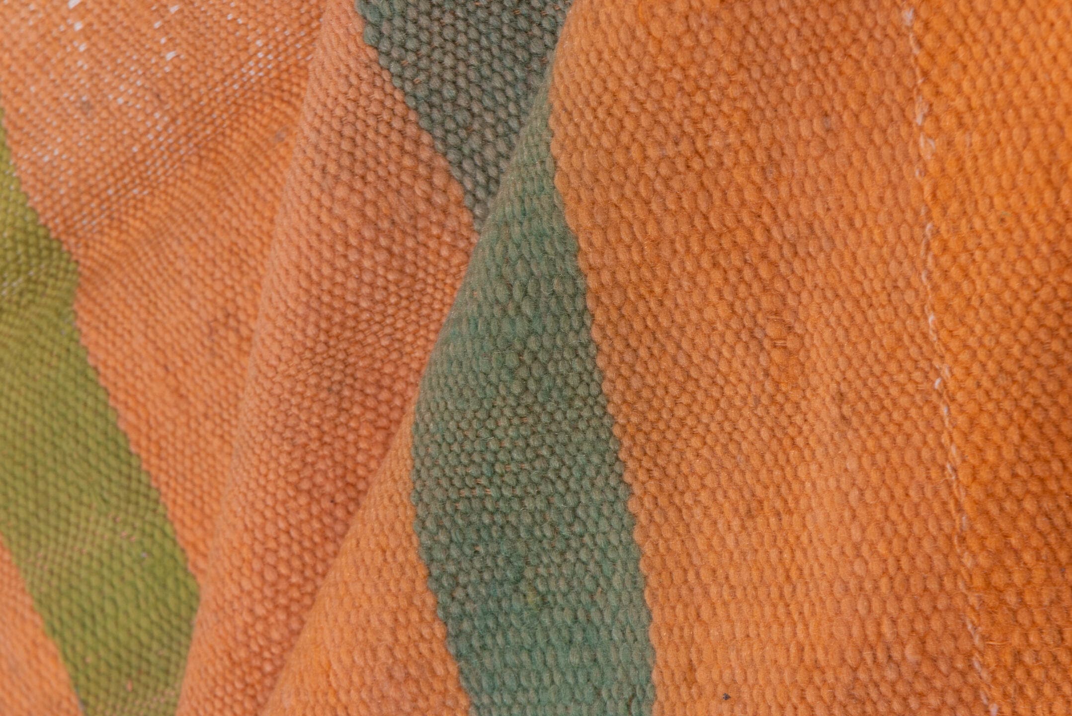 5' x 10' one-of-a-kind handmade vintage Blanket medium size rug. Color palette: peach, olive, green, brown, coral, ivory
