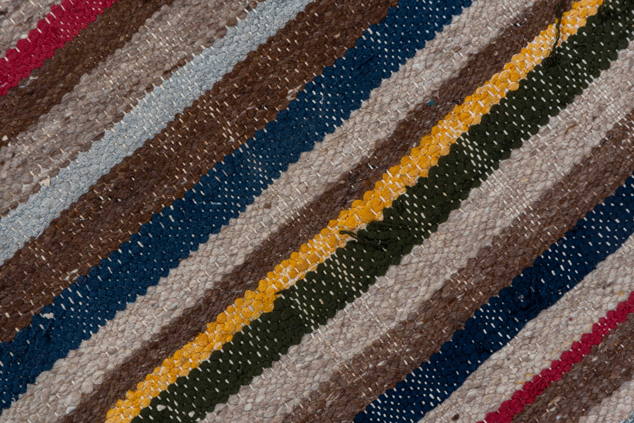 2' x 14' one-of-a-kind handmade vintage Blanket runner rug. Color palette: blue, brown, gray, light gray, off-white, pink