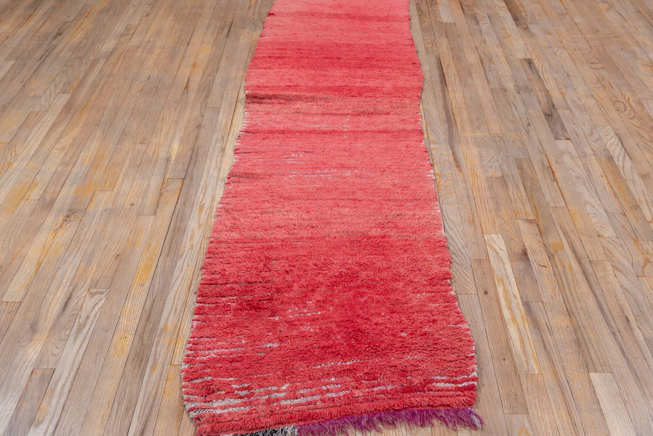 2' x 9' one-of-a-kind handmade vintage Moroccan runner rug. Color palette: rose, crimson, coral, terra cotta, mauve, ivory