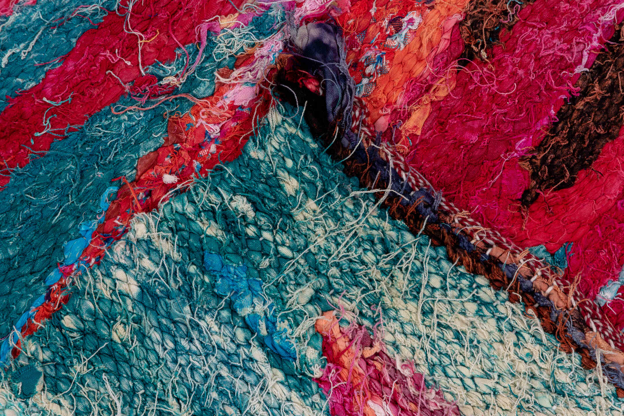 4' x 8' one-of-a-kind handmade vintage Flatweave rug. Color palette: ivory, magenta, brown, teal, violet, turquoise, camel