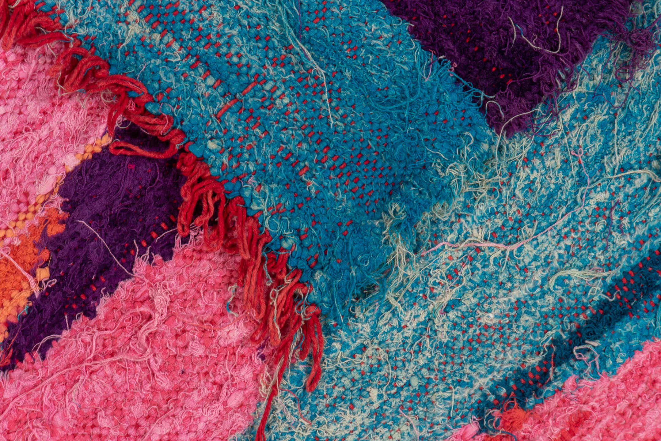 4' x 8' one-of-a-kind handmade vintage Flatweave runner rug. Color palette: pink, turquoise, purple, coral, aqua, teal