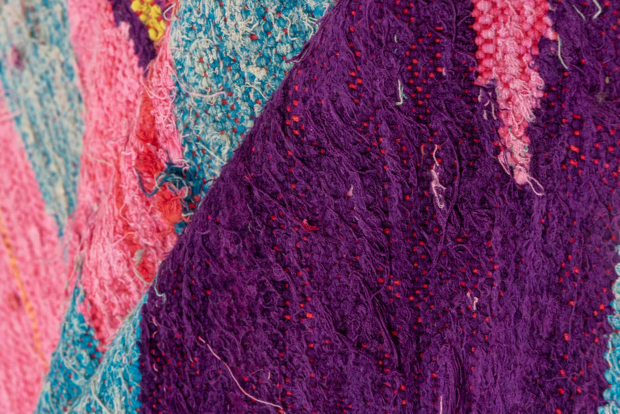 4' x 8' one-of-a-kind handmade vintage Flatweave runner rug. Color palette: pink, turquoise, purple, coral, aqua, teal