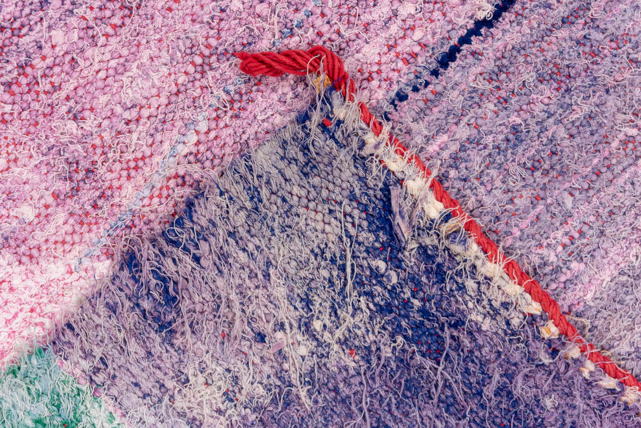 4' x 8' one-of-a-kind handmade vintage Rag Rug rug. Color palette: lavender, plum, pink, aqua, raspberry, mint, peach, ivory