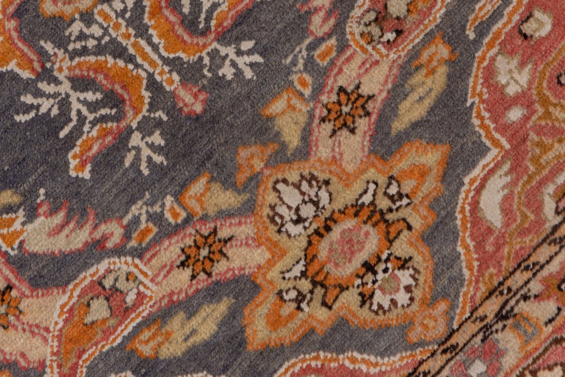 4' x 6' one-of-a-kind handmade antique Kaisary small size rug. Color palette: slate, coral, rust, ivory, gold, rose, camel