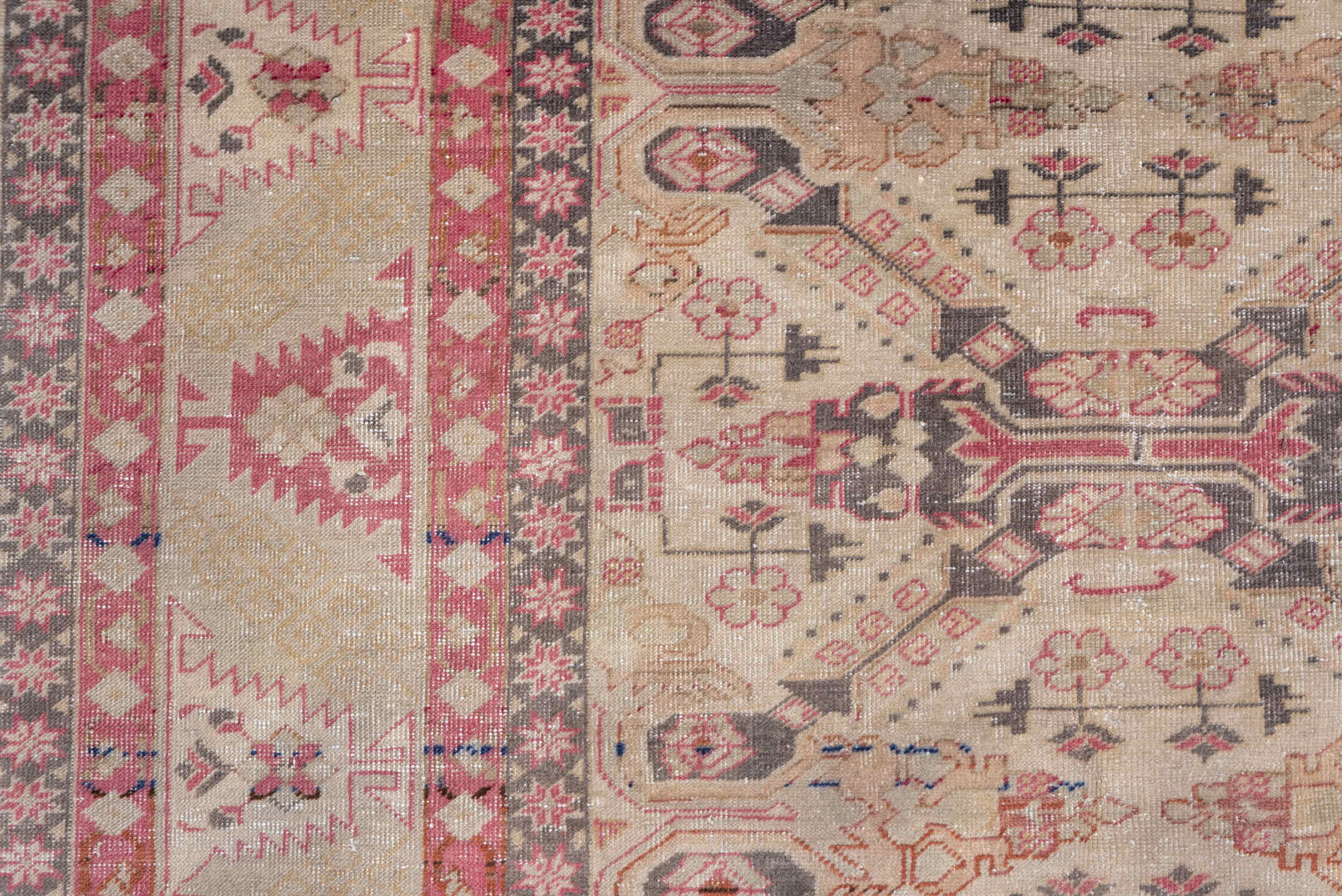 6' x 9' one-of-a-kind handmade antique Sivas medium size rug. Color palette: ivory, taupe, rose, charcoal, terra cotta