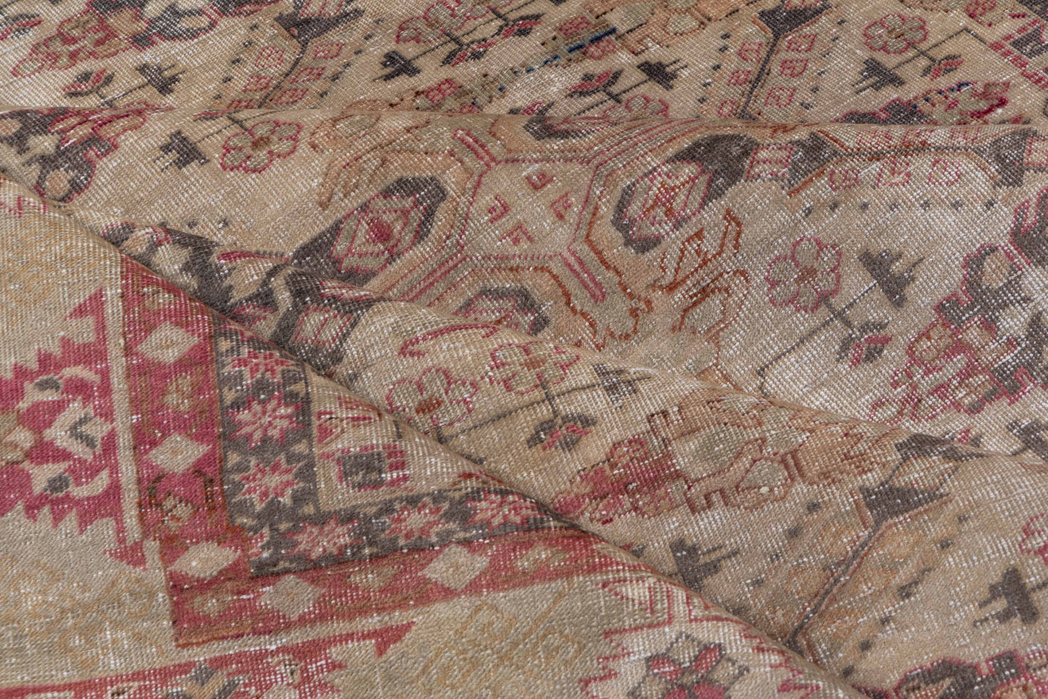 6' x 9' one-of-a-kind handmade antique Sivas medium size rug. Color palette: ivory, taupe, rose, charcoal, terra cotta