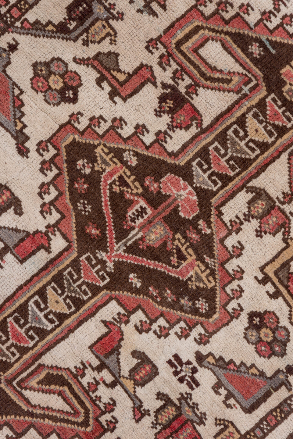 4' x 6' one-of-a-kind handmade vintage Afshar small size rug. Color palette: brown, gray, light gray, off-white, pink, red