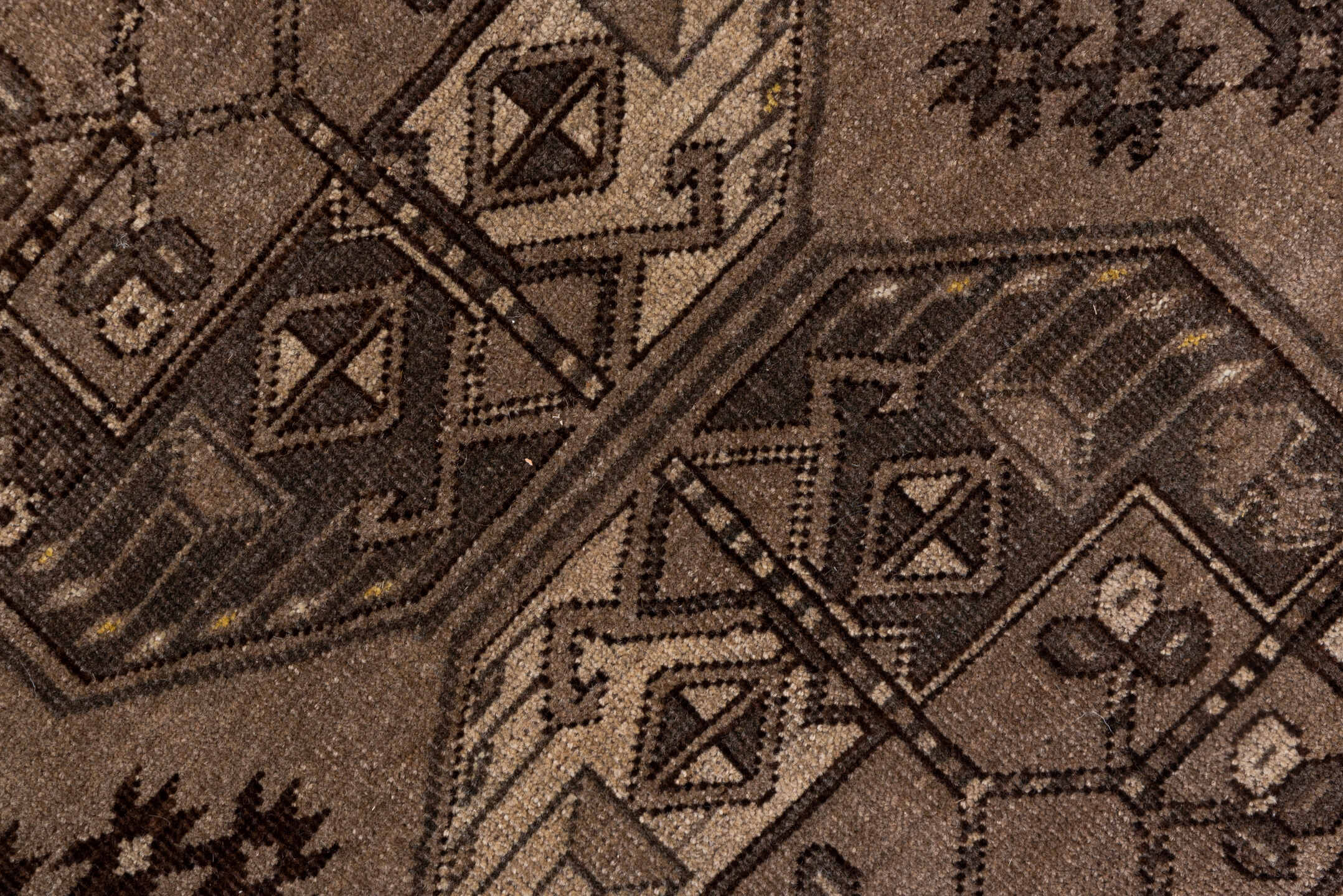 8' x 12' one-of-a-kind handmade antique Afghan large size rug. Color palette: taupe, brown, charcoal, camel, ivory, beige