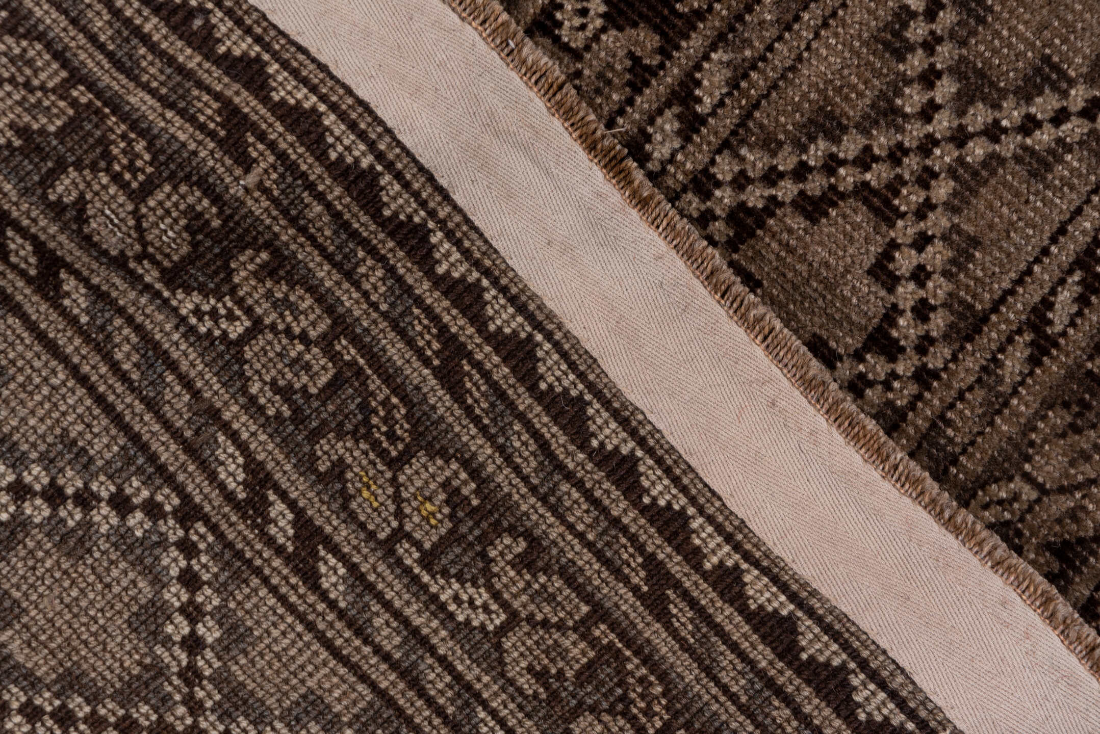 8' x 12' one-of-a-kind handmade vintage Afghan large size rug. Color palette: brown, gray, light gray, off-white, pink, snow