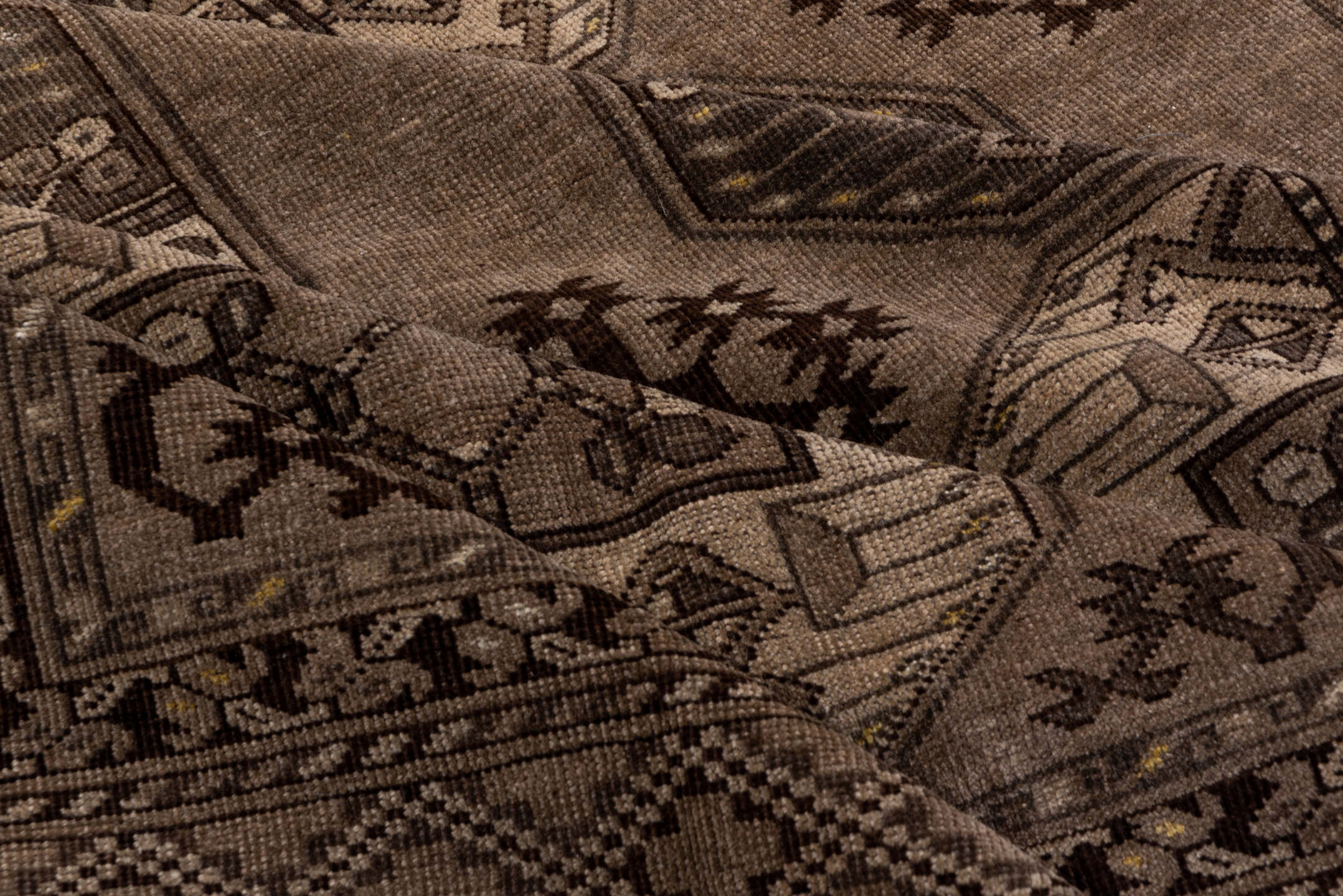 8' x 12' one-of-a-kind handmade vintage Afghan large size rug. Color palette: brown, gray, light gray, off-white, pink, snow