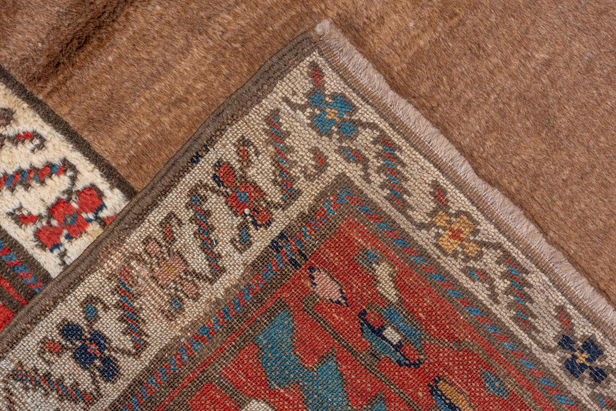 3' x 6' one-of-a-kind handmade antique NW Persian small size rug. Color palette: red, camel, ivory, teal, navy, brown, gold