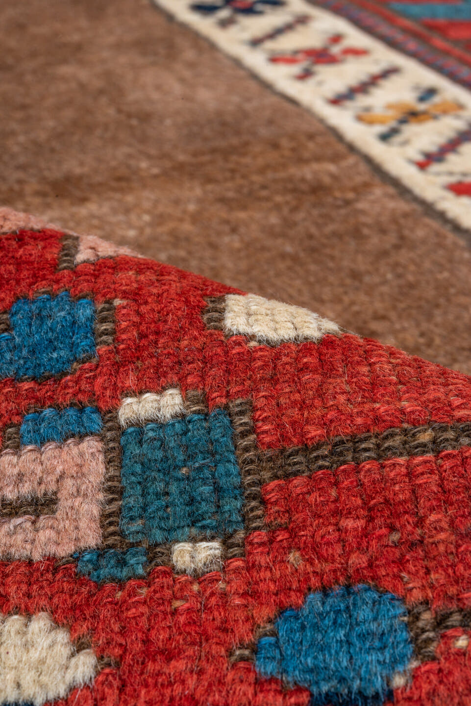 3' x 6' one-of-a-kind handmade antique NW Persian small size rug. Color palette: red, camel, ivory, teal, navy, brown, gold