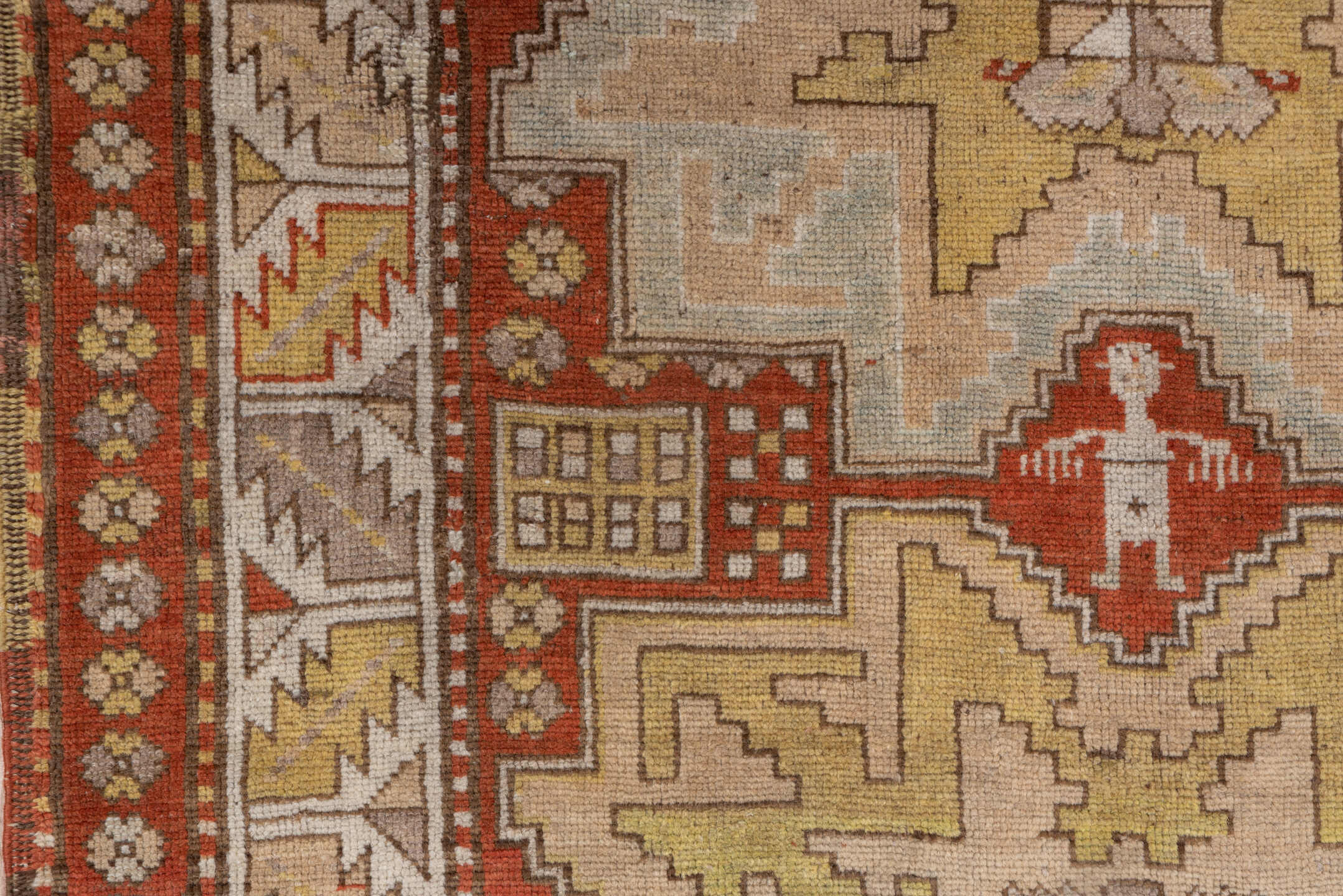 3' x 6' one-of-a-kind handmade antique Caucasian small size rug. Color palette: ivory, rust, taupe, gold, brown, camel