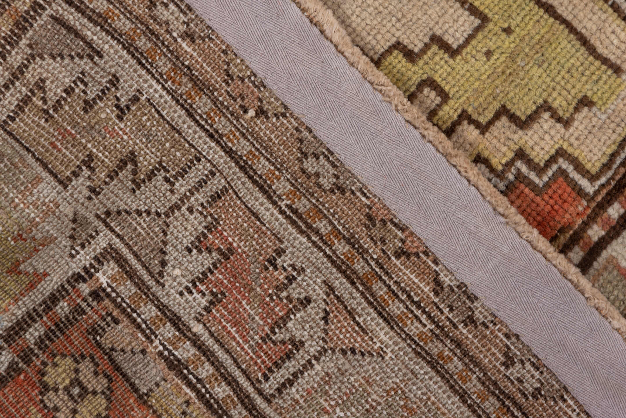 3' x 6' one-of-a-kind handmade antique Caucasian small size rug. Color palette: ivory, rust, taupe, gold, brown, camel