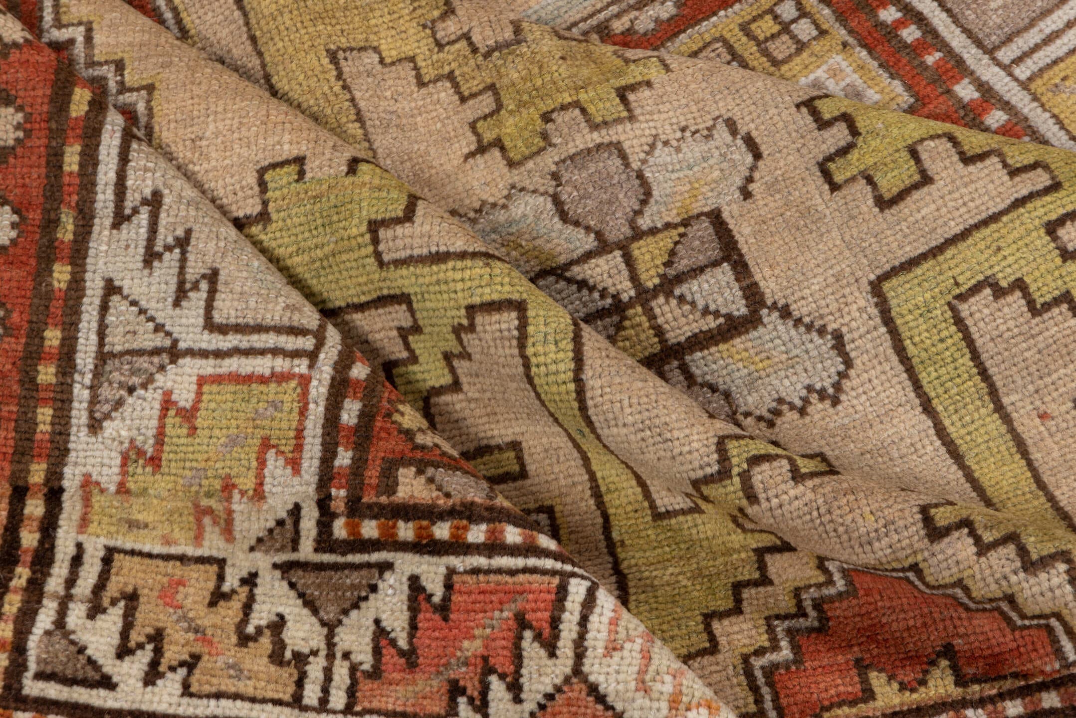3' x 6' one-of-a-kind handmade antique Caucasian small size rug. Color palette: ivory, rust, taupe, gold, brown, camel