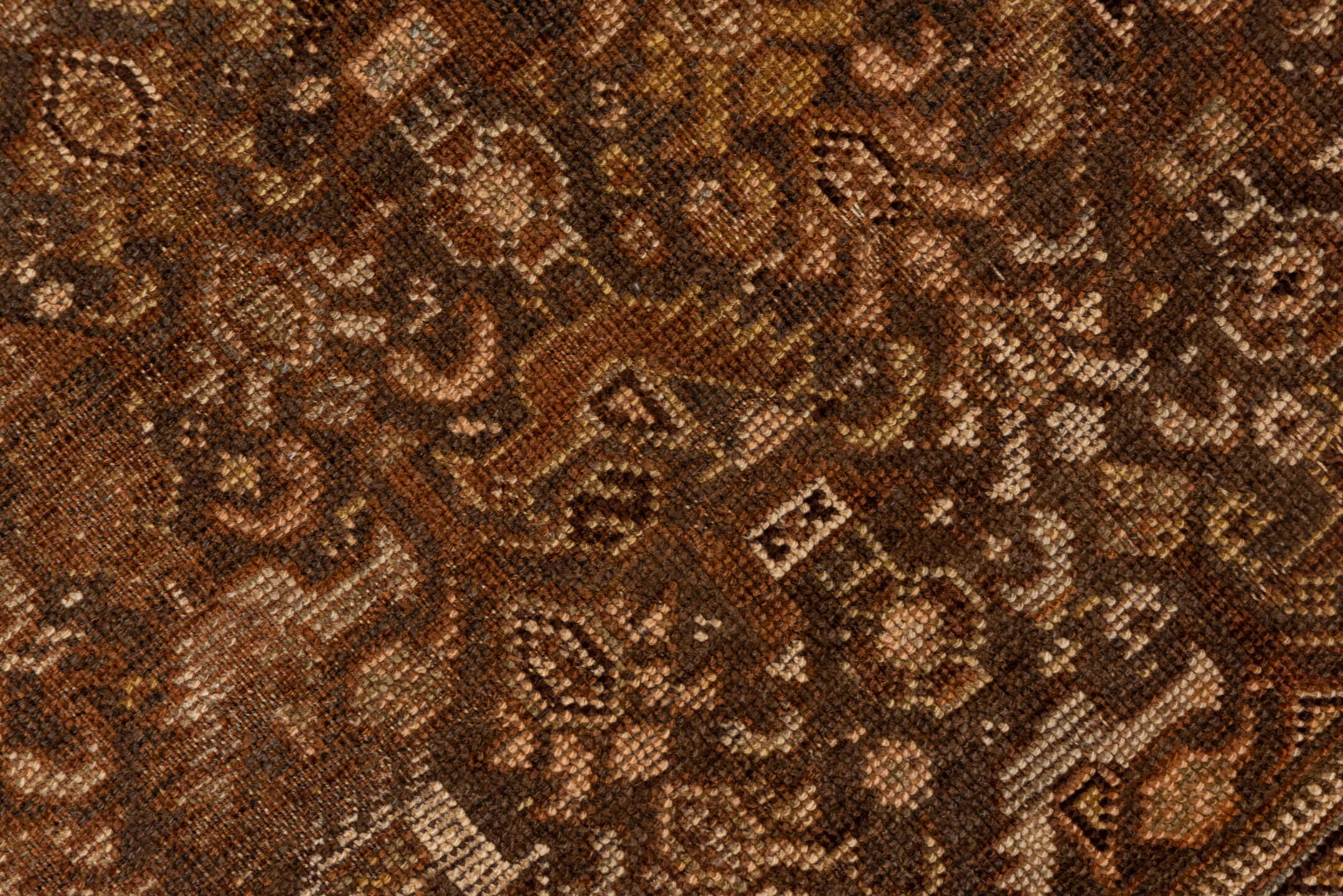 4' x 6' one-of-a-kind handmade vintage Shiraz small size rug. Color palette: brown, camel, ivory, taupe, rust, charcoal