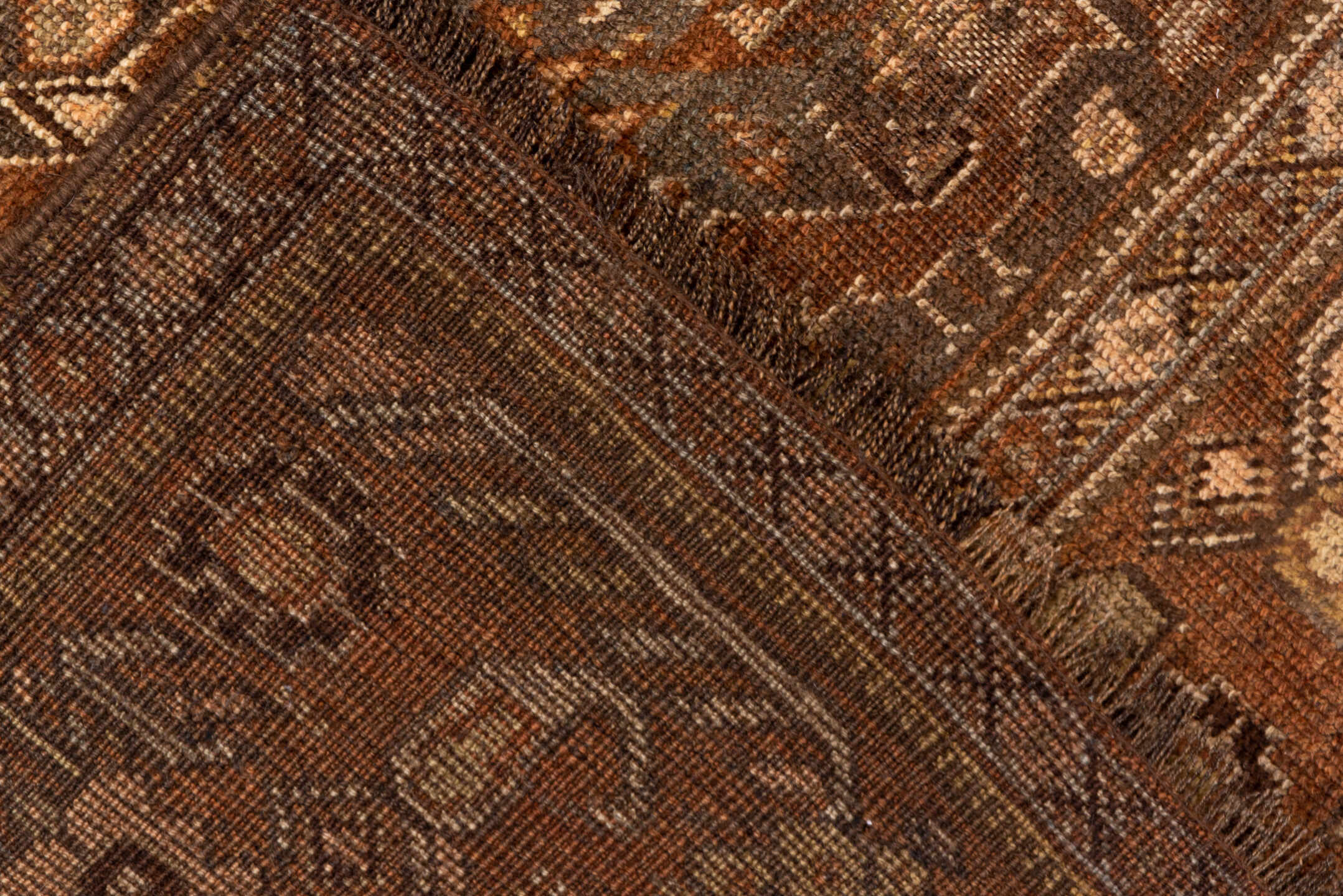 4' x 6' one-of-a-kind handmade vintage Shiraz small size rug. Color palette: brown, camel, ivory, taupe, rust, charcoal