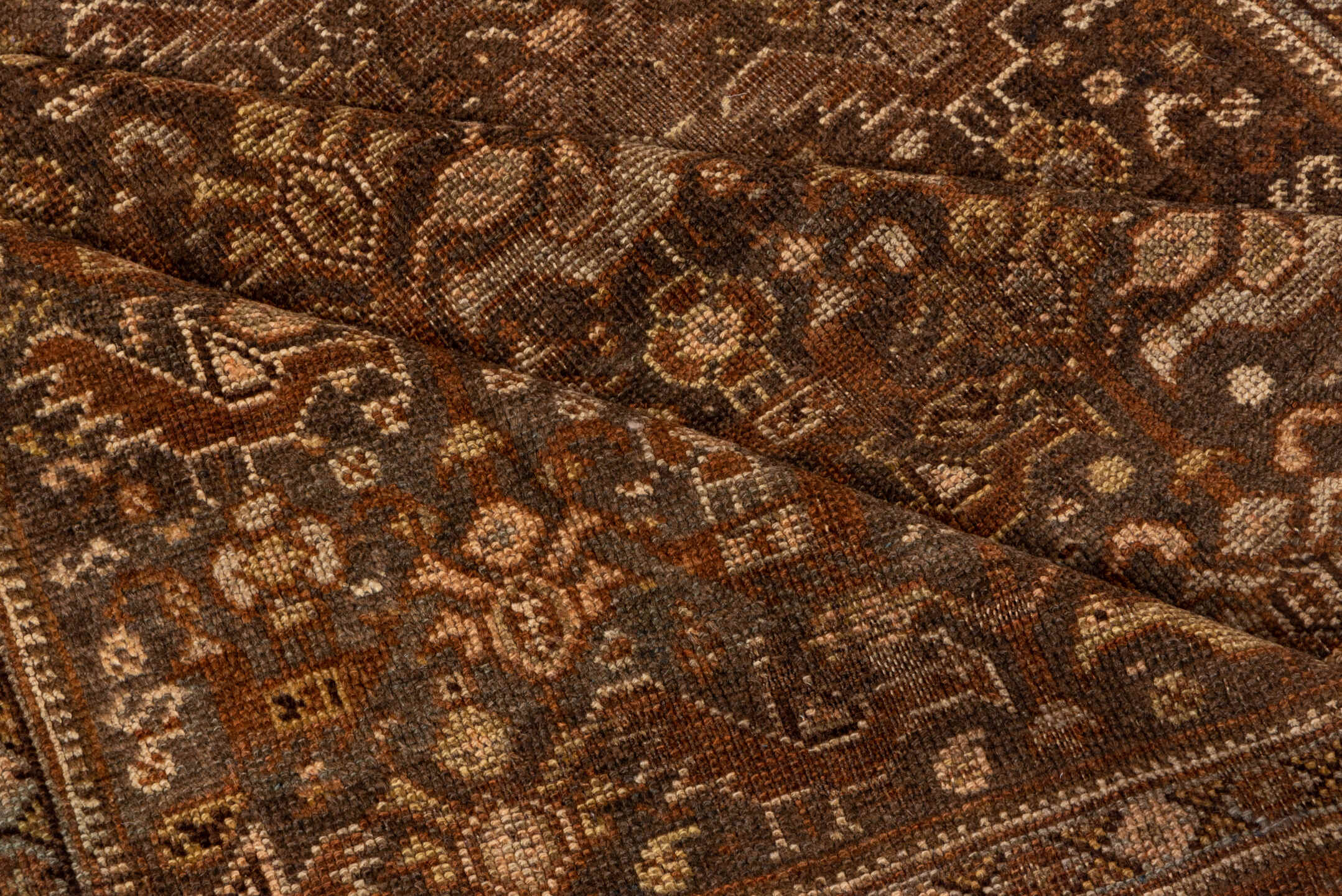 4' x 6' one-of-a-kind handmade vintage Shiraz small size rug. Color palette: brown, camel, ivory, taupe, rust, charcoal
