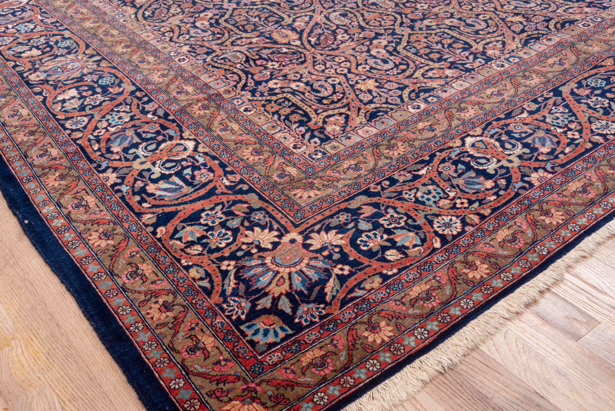 8' x 11' one-of-a-kind handmade vintage Kashan large size rug. Color palette: blue, brown, dim gray, gray, light gray
