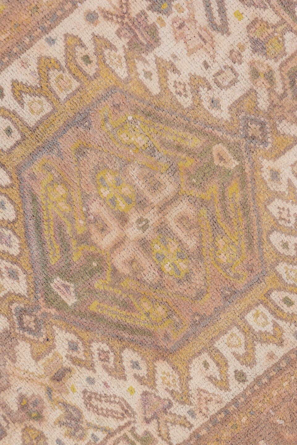 2' x 10' one-of-a-kind handmade antique Karaje runner rug. Color palette: taupe, ivory, camel, gold, sage, brown, beige