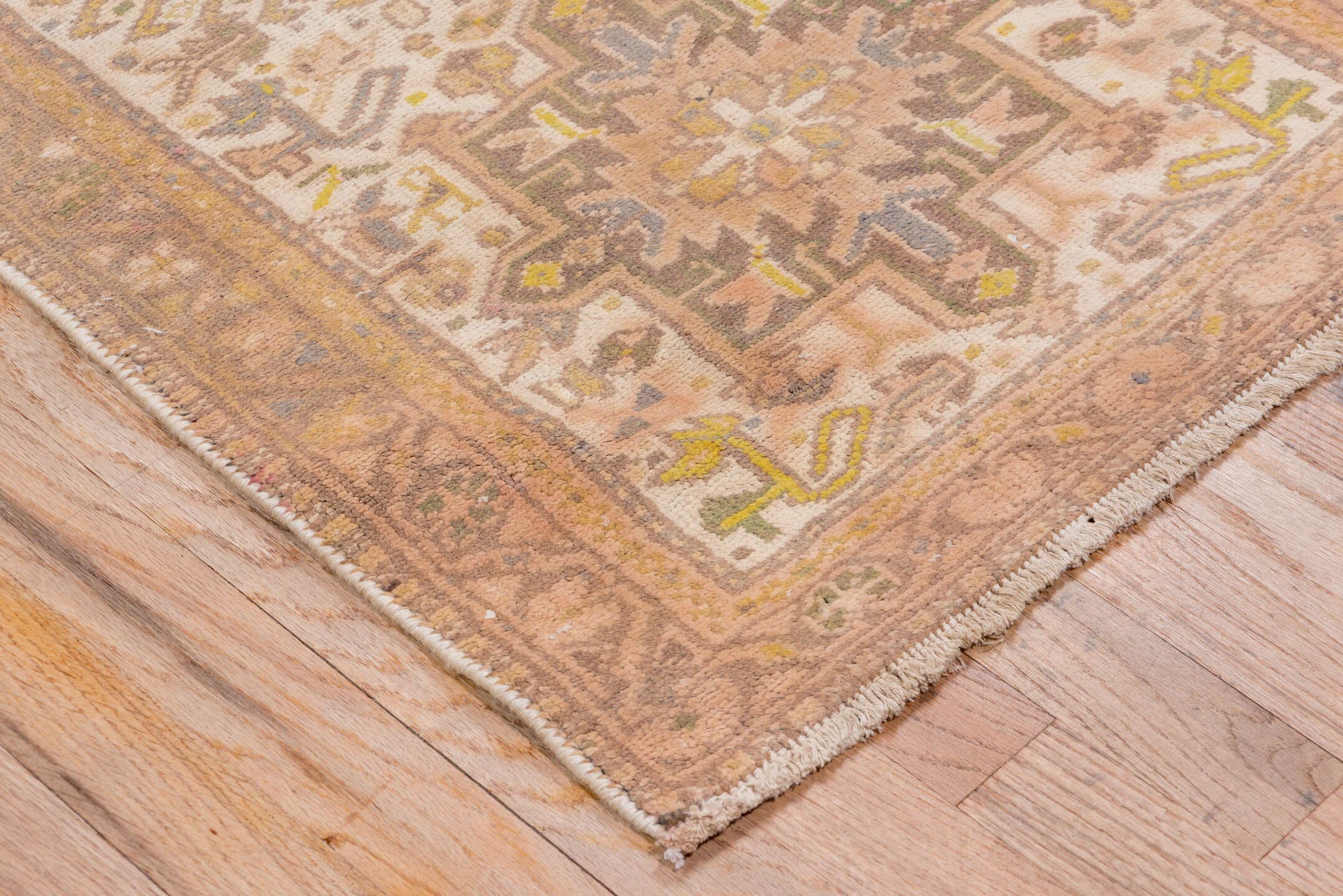2' x 10' one-of-a-kind handmade antique Karaje runner rug. Color palette: taupe, ivory, camel, gold, sage, brown, beige
