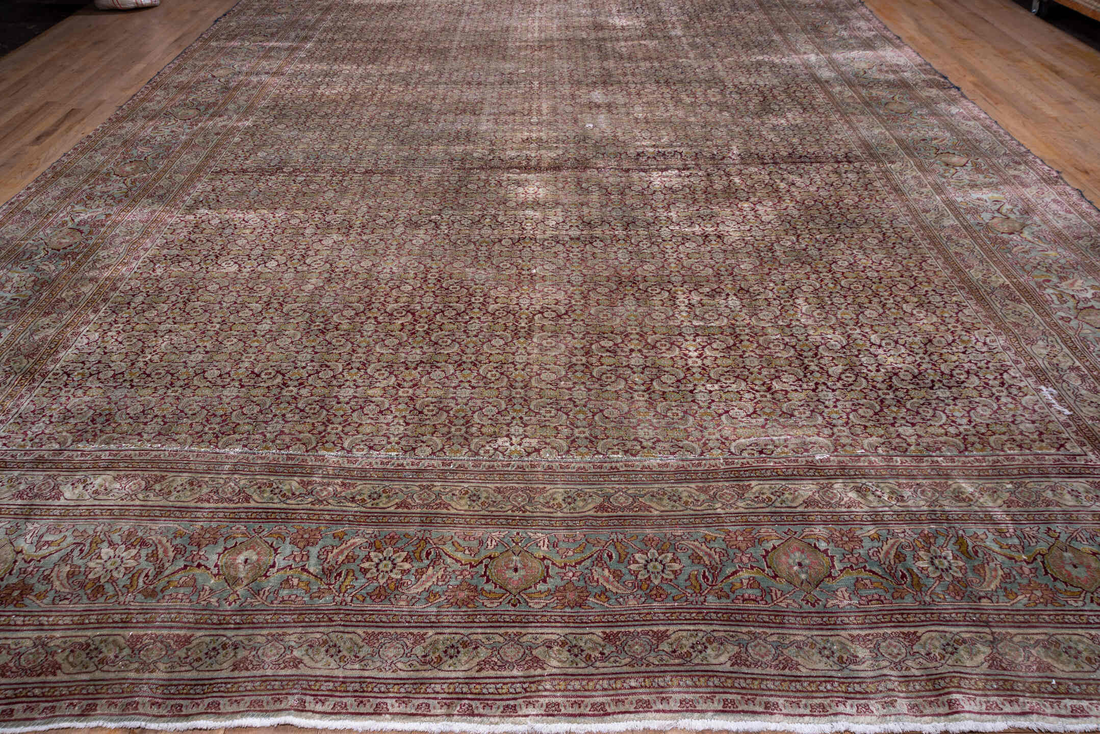 13' x 22' one-of-a-kind handmade antique Khorassan oversize rug. Color palette: rose, terracotta, ivory, blue gray, taupe