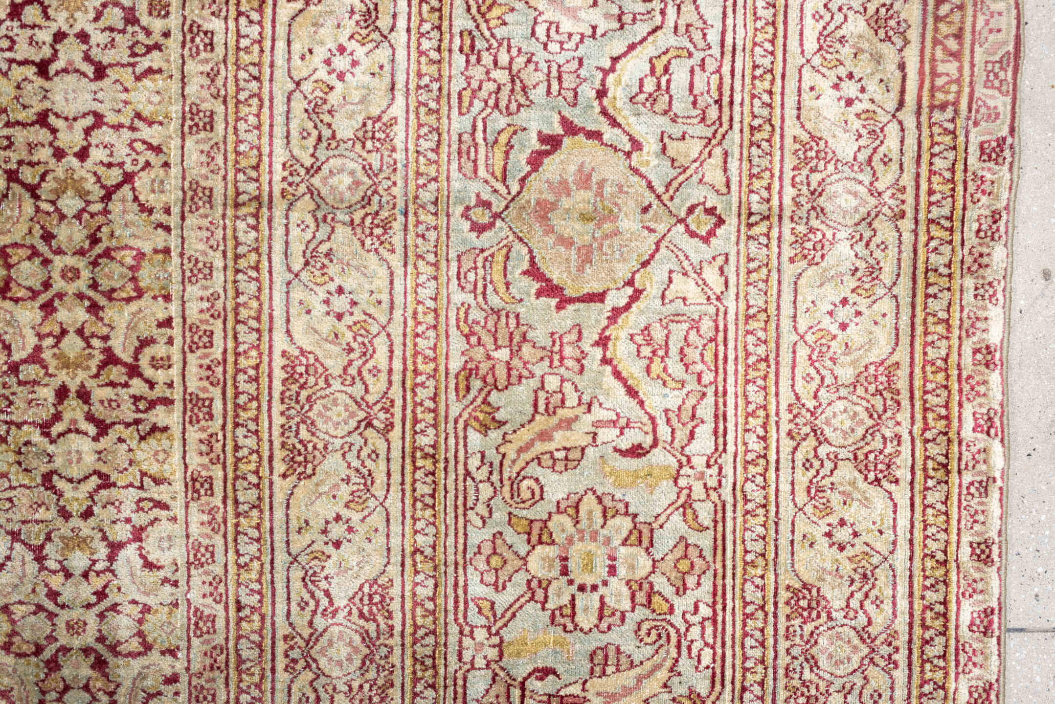 13' x 22' one-of-a-kind handmade antique Khorassan oversize rug. Color palette: rose, terracotta, ivory, blue gray, taupe