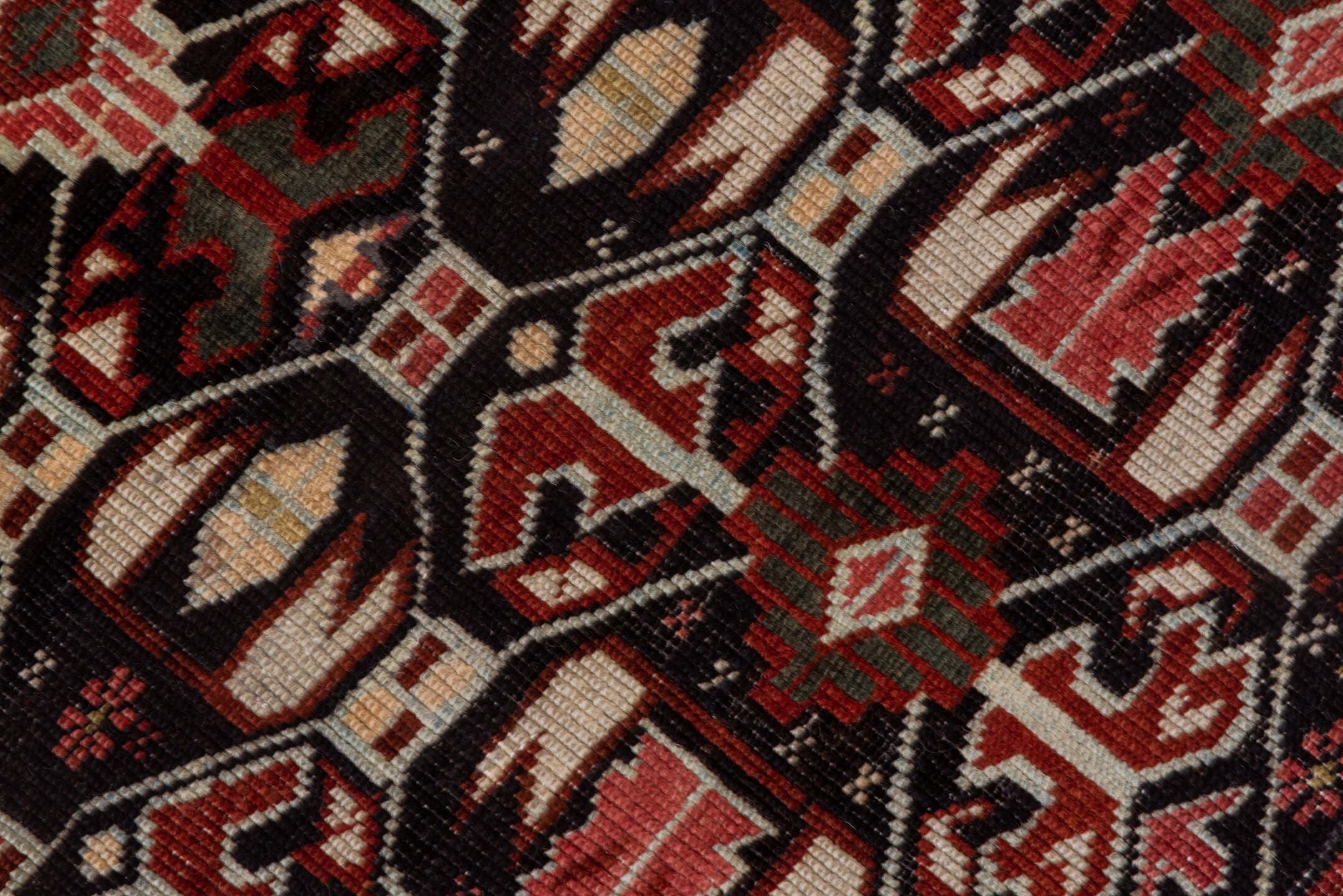 4' x 7' one-of-a-kind handmade antique Kuba rug. Color palette: burgundy, ivory, charcoal, rust, crimson, gold, taupe, gray