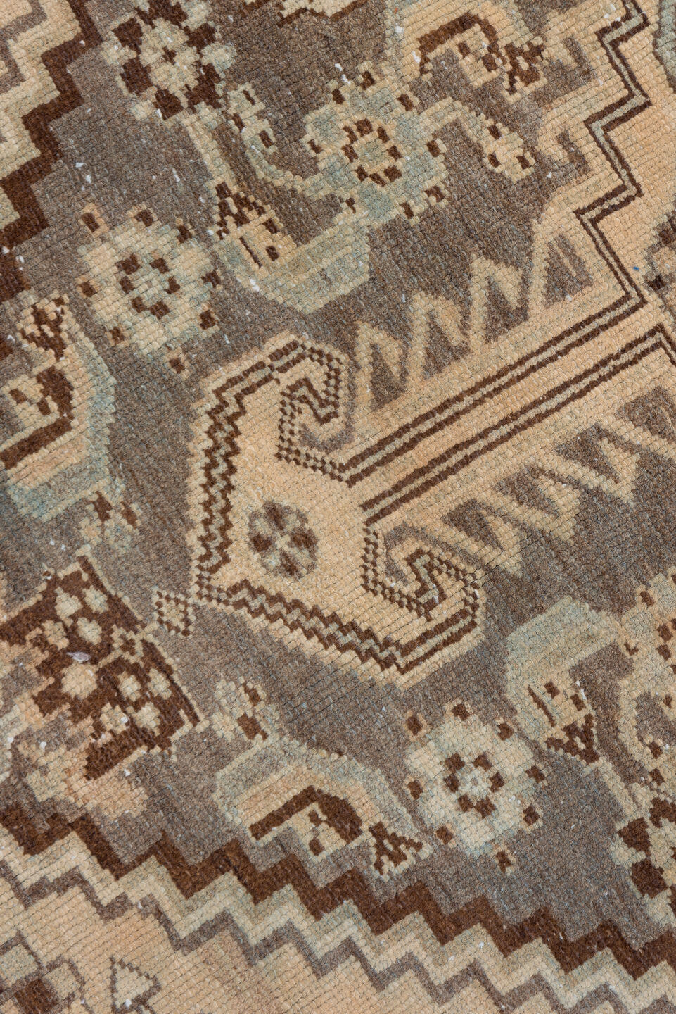4' x 6' one-of-a-kind handmade antique Shiraz small size rug. Color palette: ivory, taupe, brown, pale blue, camel, charcoal
