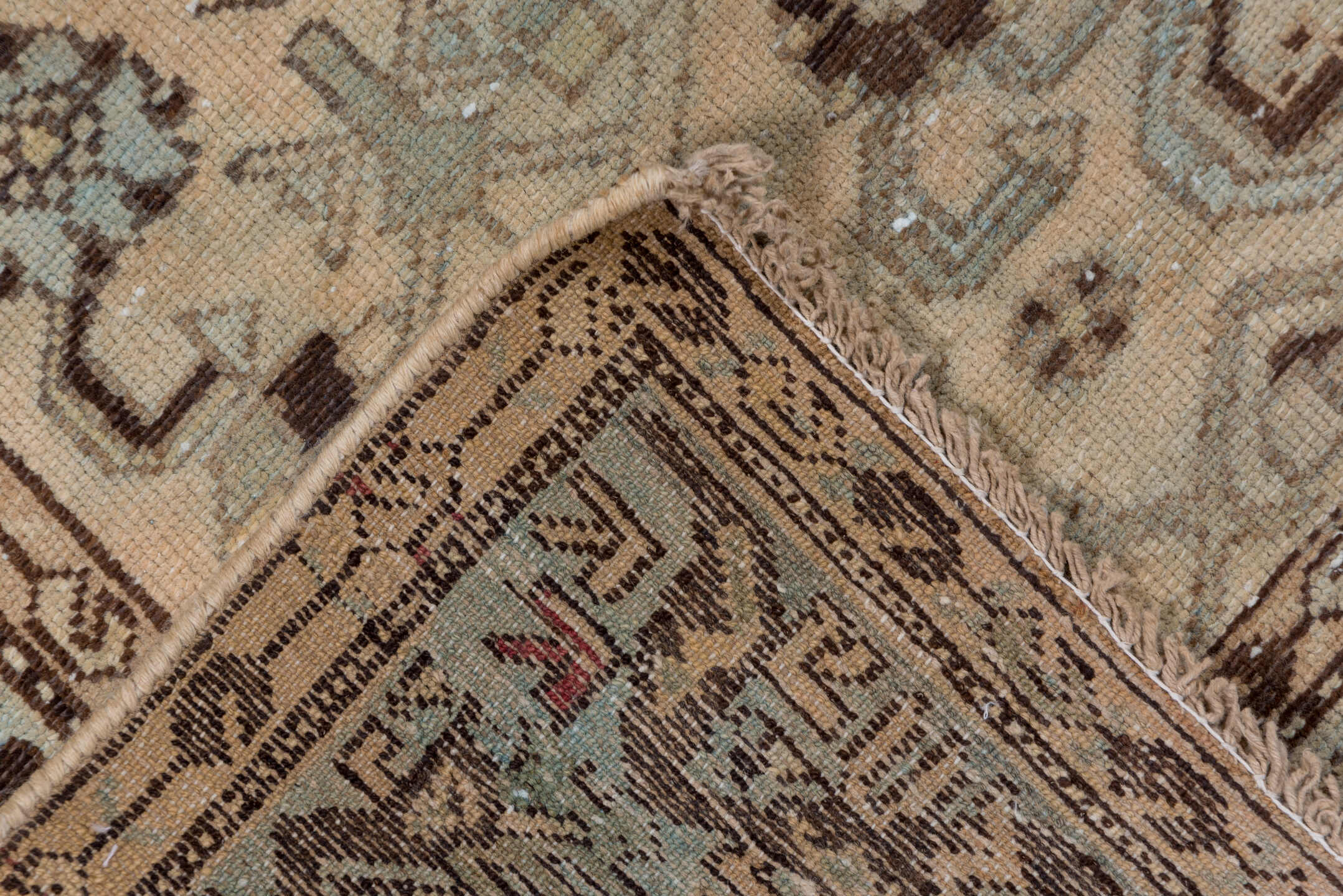 4' x 6' one-of-a-kind handmade antique Shiraz small size rug. Color palette: ivory, taupe, brown, pale blue, camel, charcoal