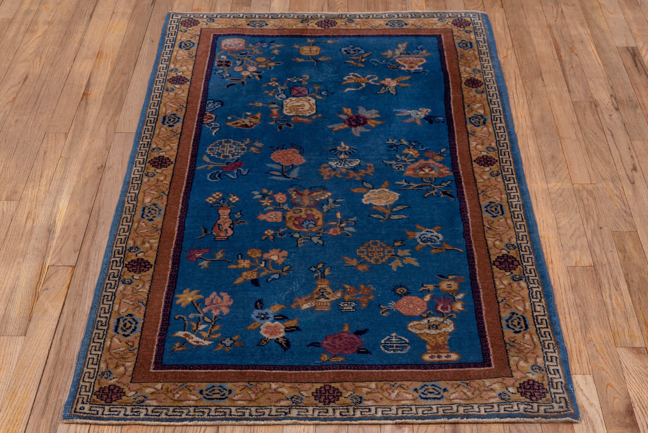 3' x 5' one-of-a-kind handmade antique Indochinese small size rug. Color palette: blue, camel, ivory, burgundy, gold, rose