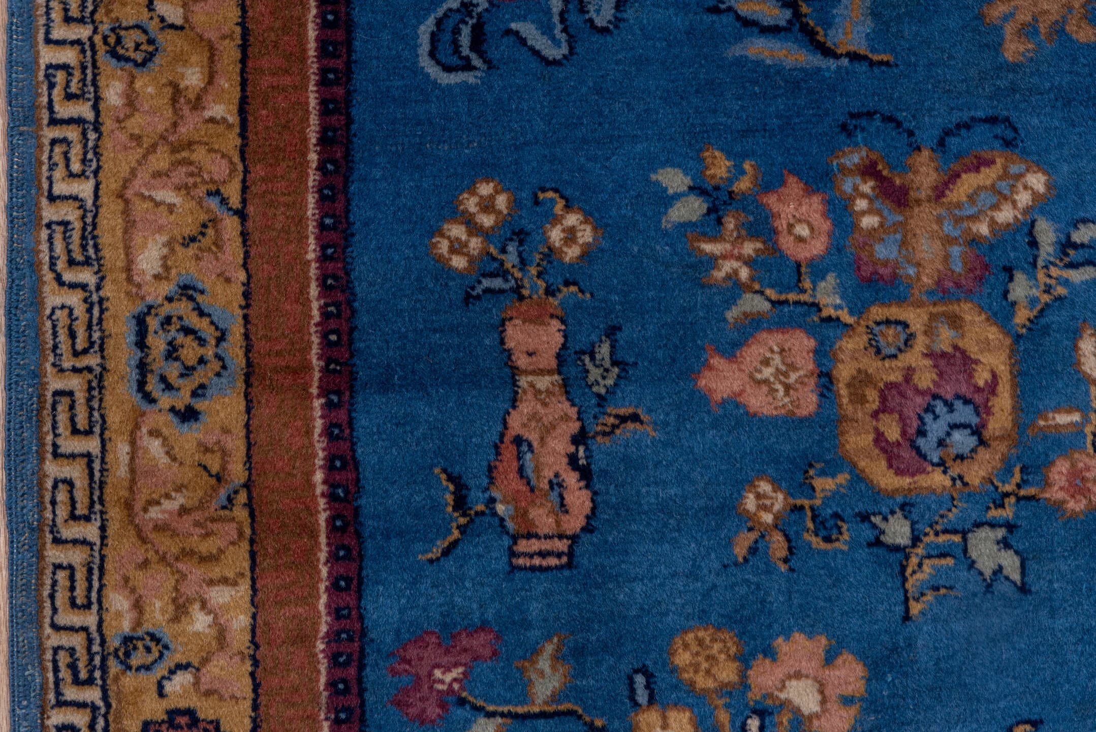 3' x 5' one-of-a-kind handmade antique Indochinese small size rug. Color palette: blue, camel, ivory, burgundy, gold, rose