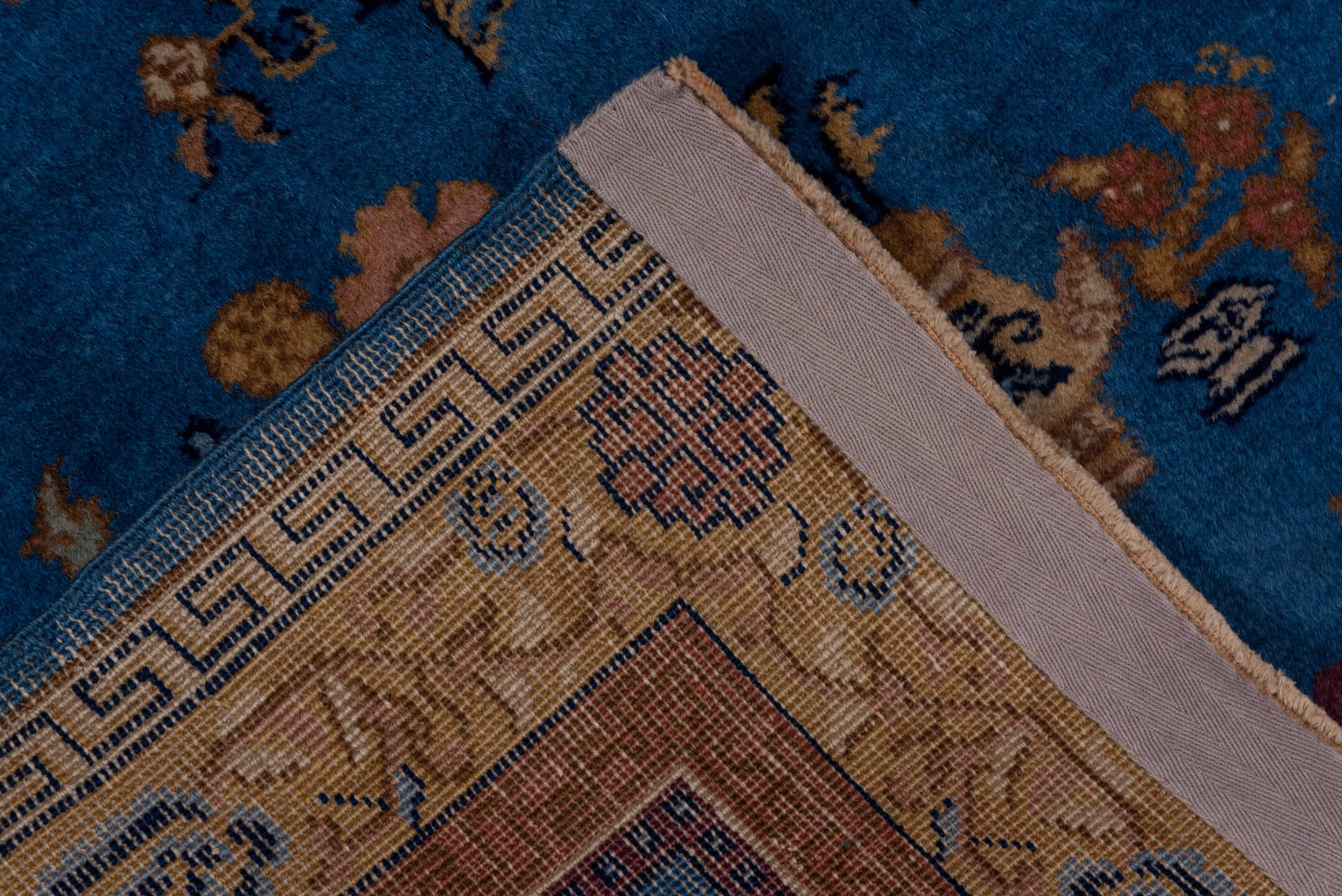 3' x 5' one-of-a-kind handmade antique Indochinese small size rug. Color palette: blue, camel, ivory, burgundy, gold, rose