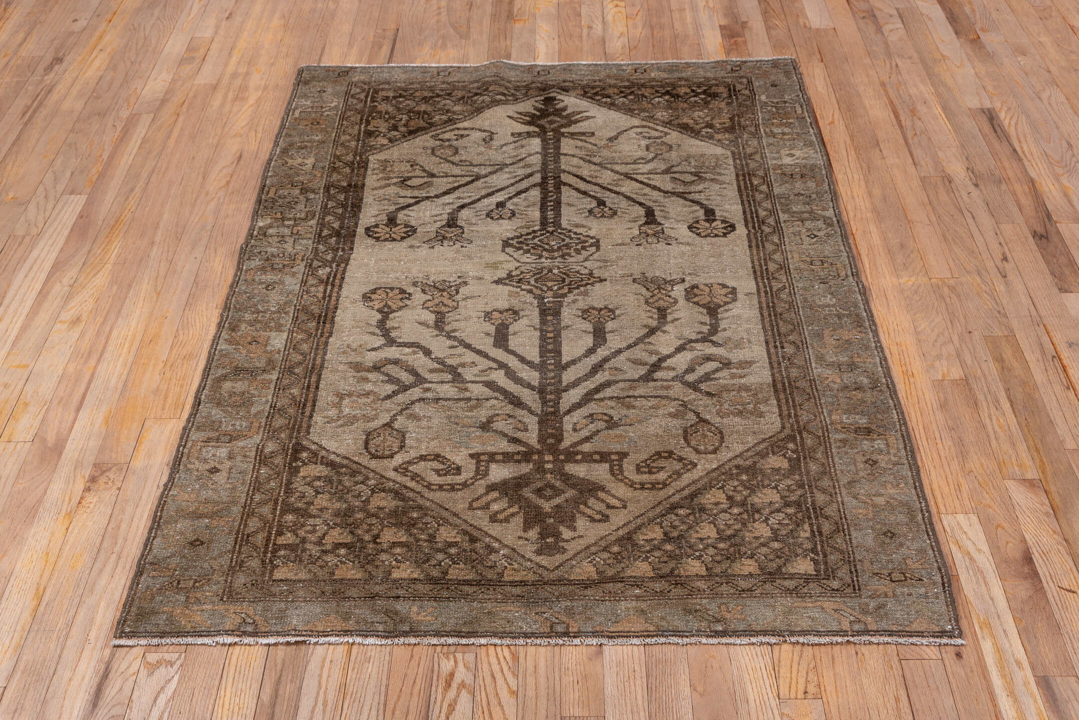 3' x 5' one-of-a-kind handmade antique Malayer small size rug. Color palette: ivory, taupe, brown, camel, beige, sage, gray