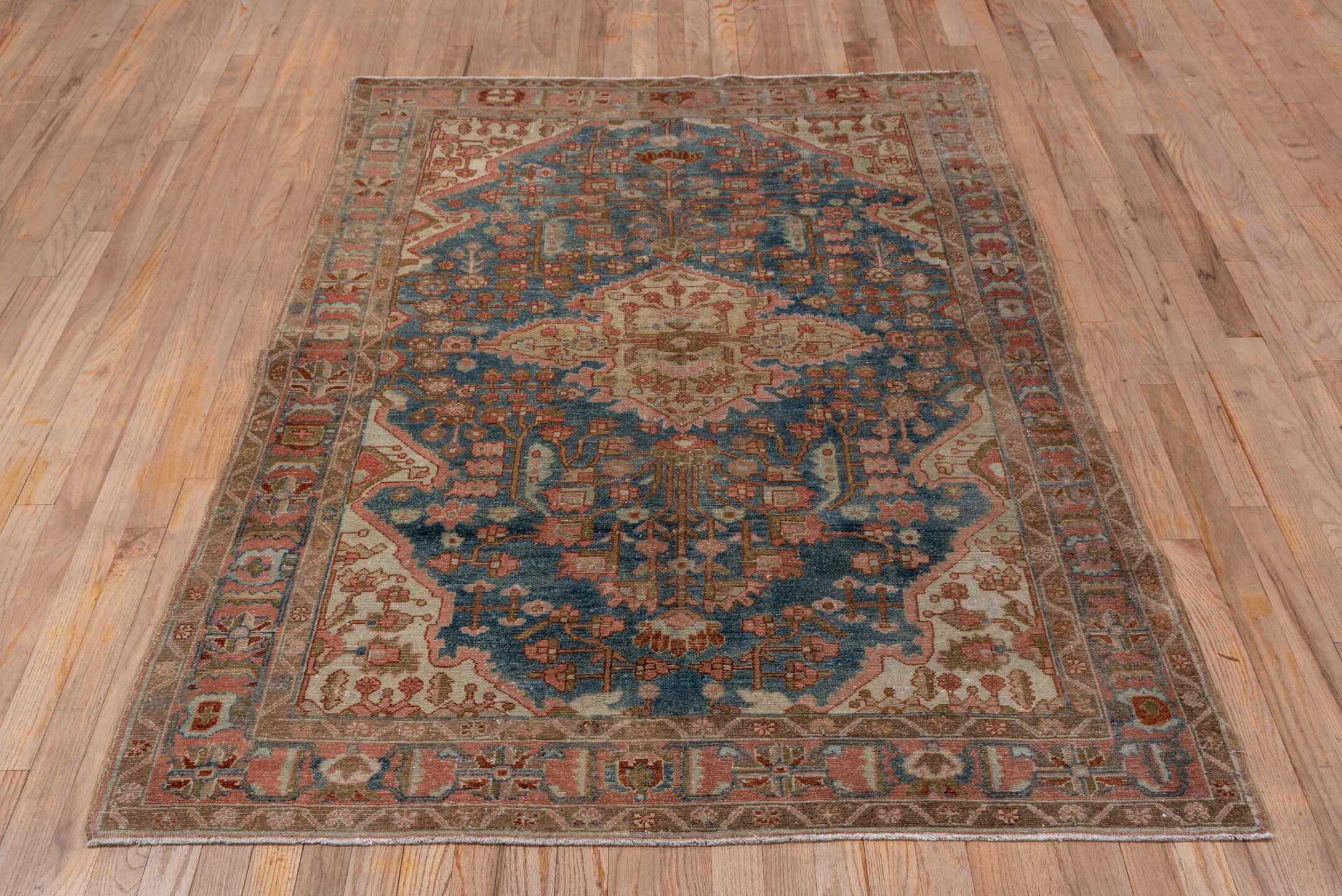 4' x 6' one-of-a-kind handmade vintage Malayer small size rug. Color palette: blue, brown, gray, light gray, pink