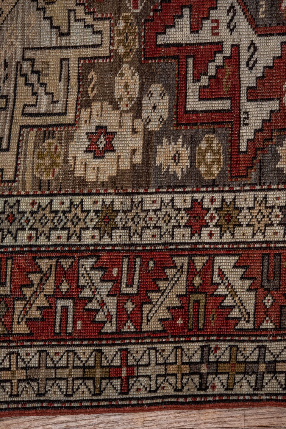 3' x 4' one-of-a-kind handmade antique Shirvan small size rug. Color palette: ivory, rust, taupe, brick, brown, charcoal