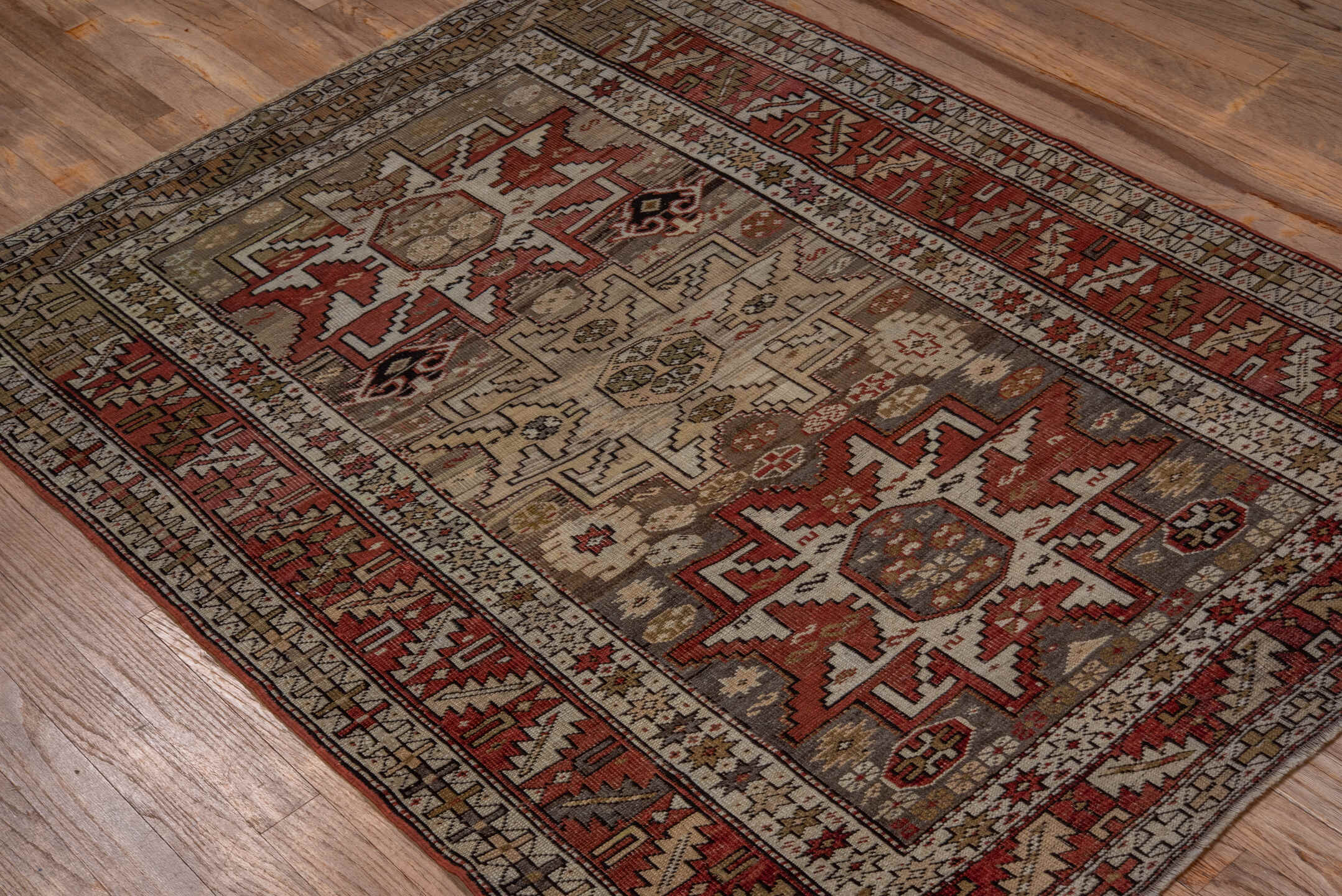 3' x 4' one-of-a-kind handmade antique Shirvan small size rug. Color palette: ivory, rust, taupe, brick, brown, charcoal