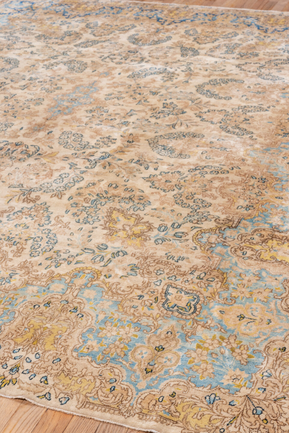 7' x 9' one-of-a-kind handmade vintage Kerman rug. Color palette: antiquewhite, blue, brown, dim gray, gray, light gray