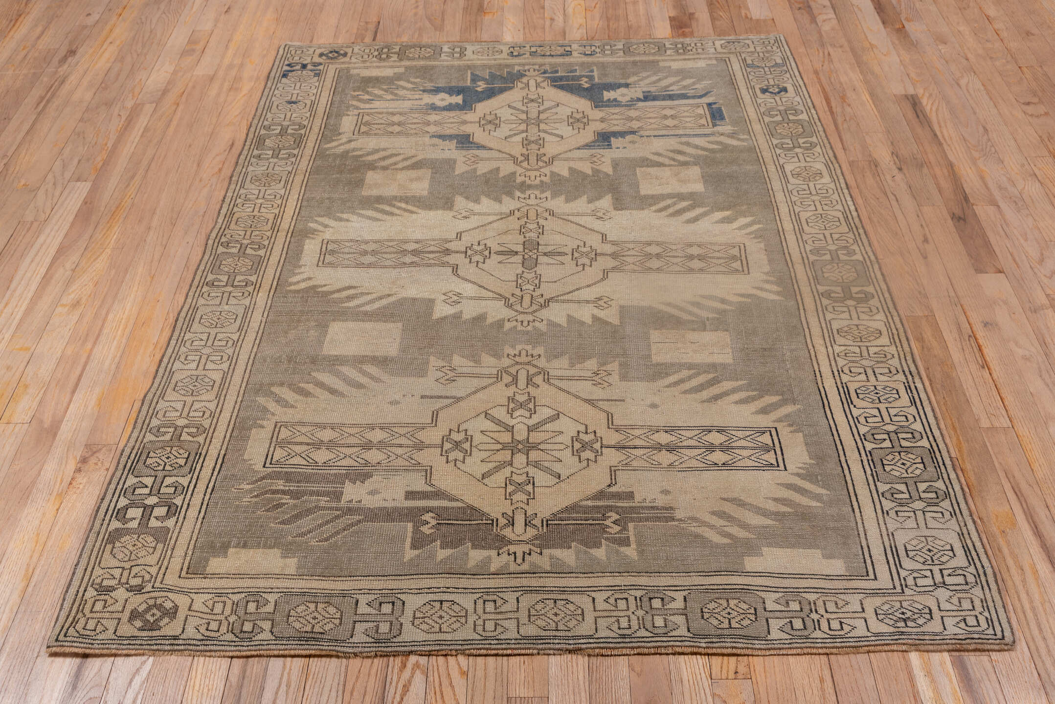 4' x 6' one-of-a-kind handmade antique Oushak small size rug. Color palette: taupe, ivory, beige, blue, camel, brown, gray