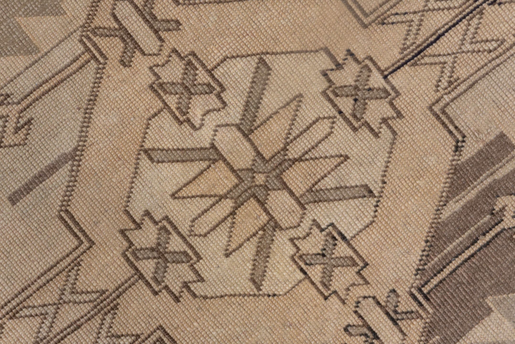 4' x 6' one-of-a-kind handmade antique Oushak small size rug. Color palette: taupe, ivory, beige, blue, camel, brown, gray