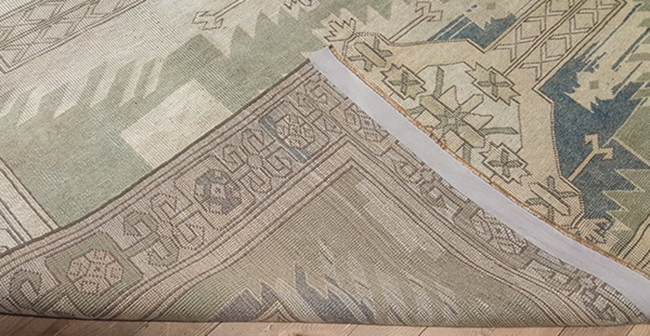 4' x 6' one-of-a-kind handmade antique Oushak small size rug. Color palette: taupe, ivory, beige, blue, camel, brown, gray