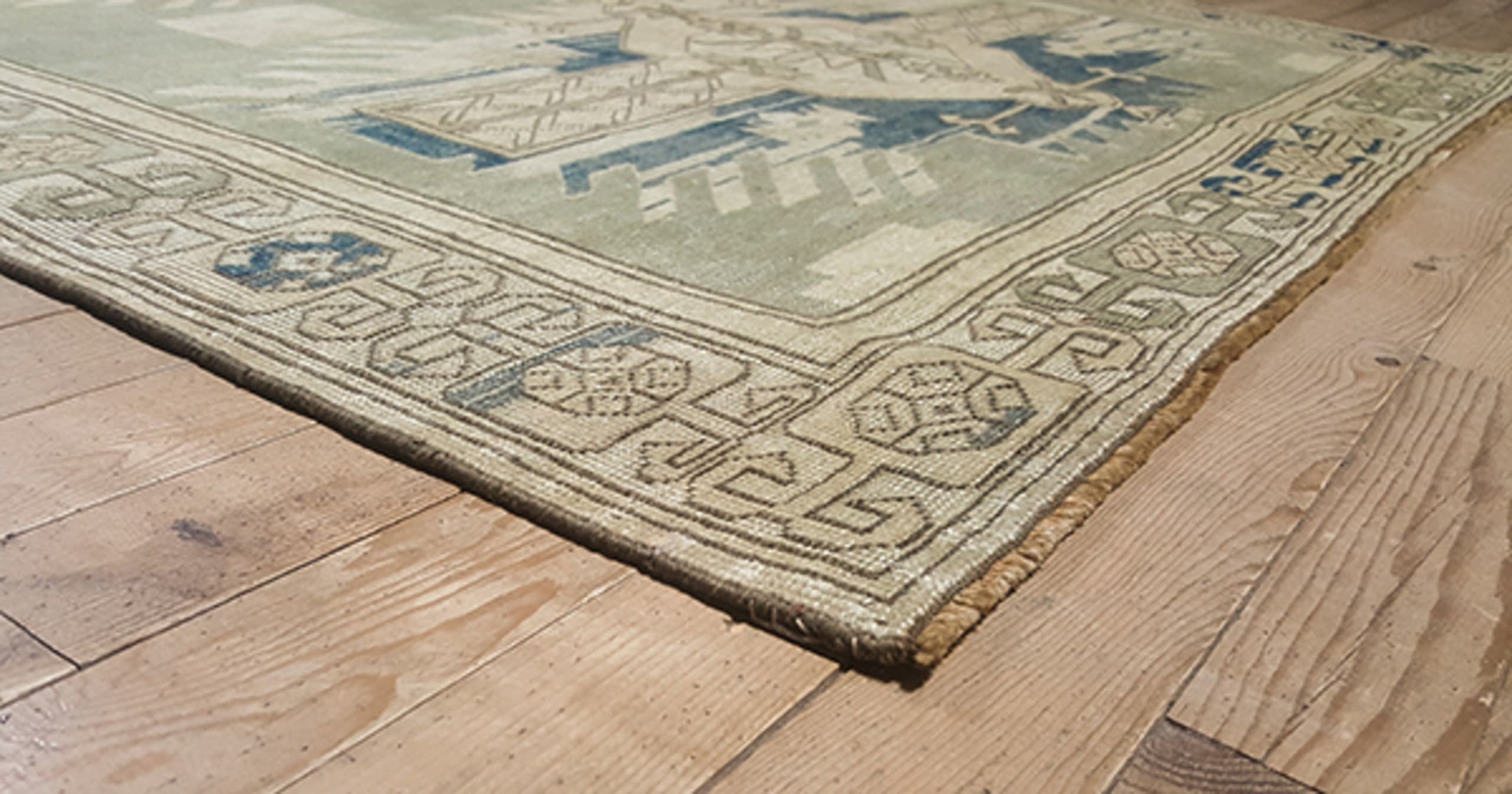 4' x 6' one-of-a-kind handmade antique Oushak small size rug. Color palette: taupe, ivory, beige, blue, camel, brown, gray