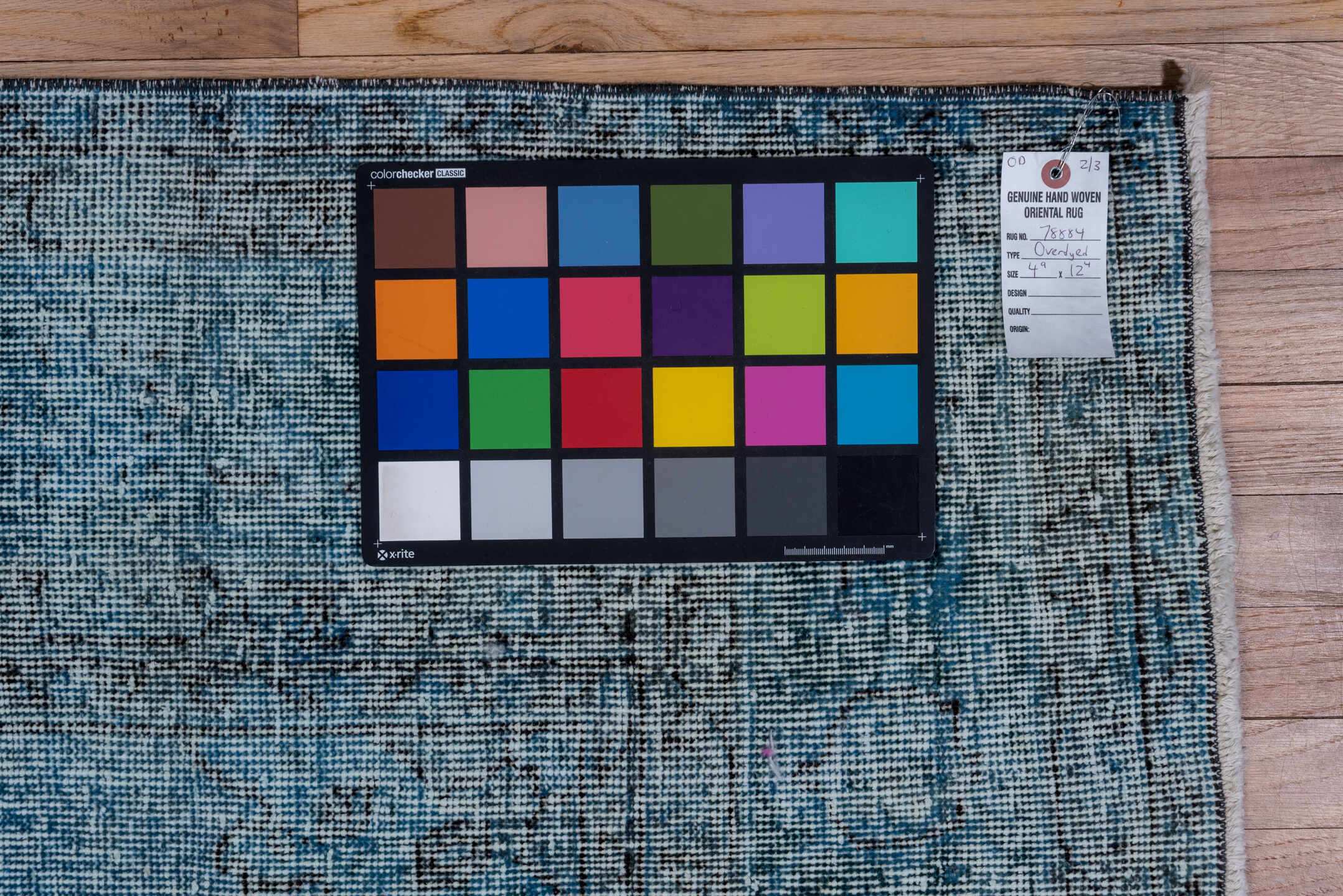 4' x 12' one-of-a-kind handmade vintage Overdyed runner rug. Color palette: arapawa, black, blue, gray, light blue