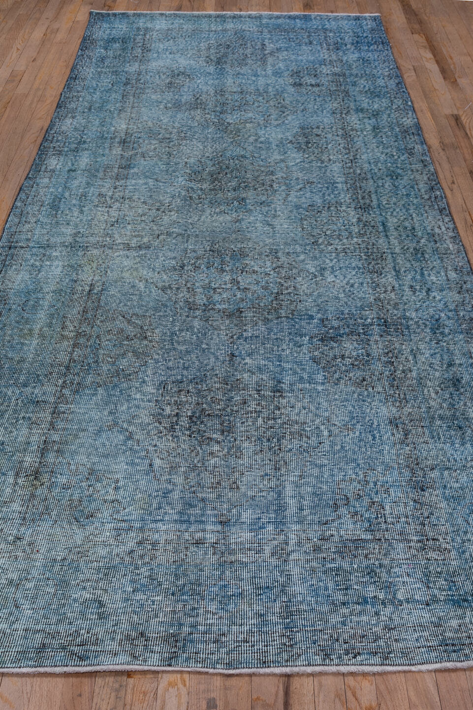 4' x 12' one-of-a-kind handmade vintage Overdyed runner rug. Color palette: sky blue, slate, charcoal, ice blue, light blue