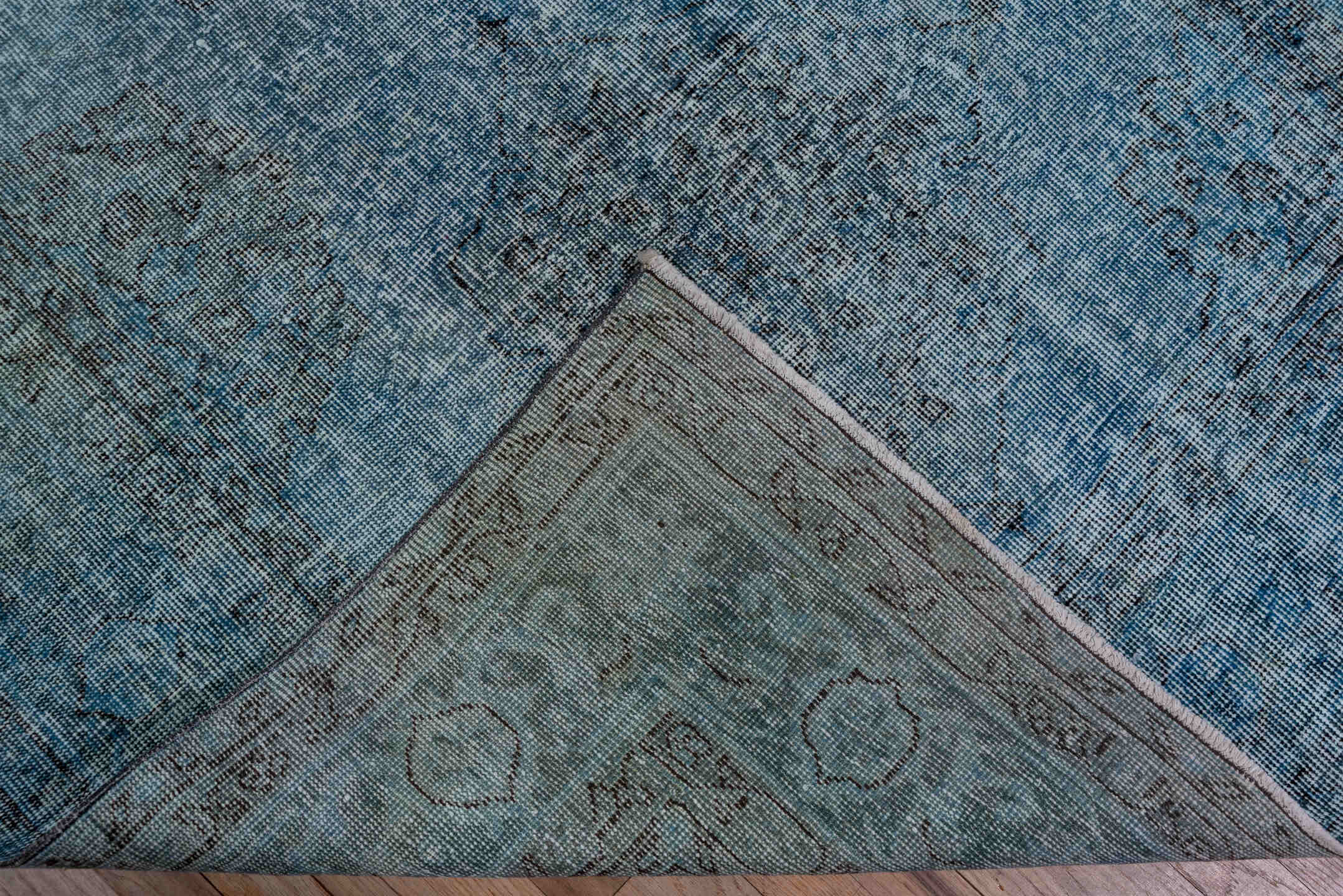 4' x 12' one-of-a-kind handmade vintage Overdyed runner rug. Color palette: sky blue, slate, charcoal, ice blue, light blue